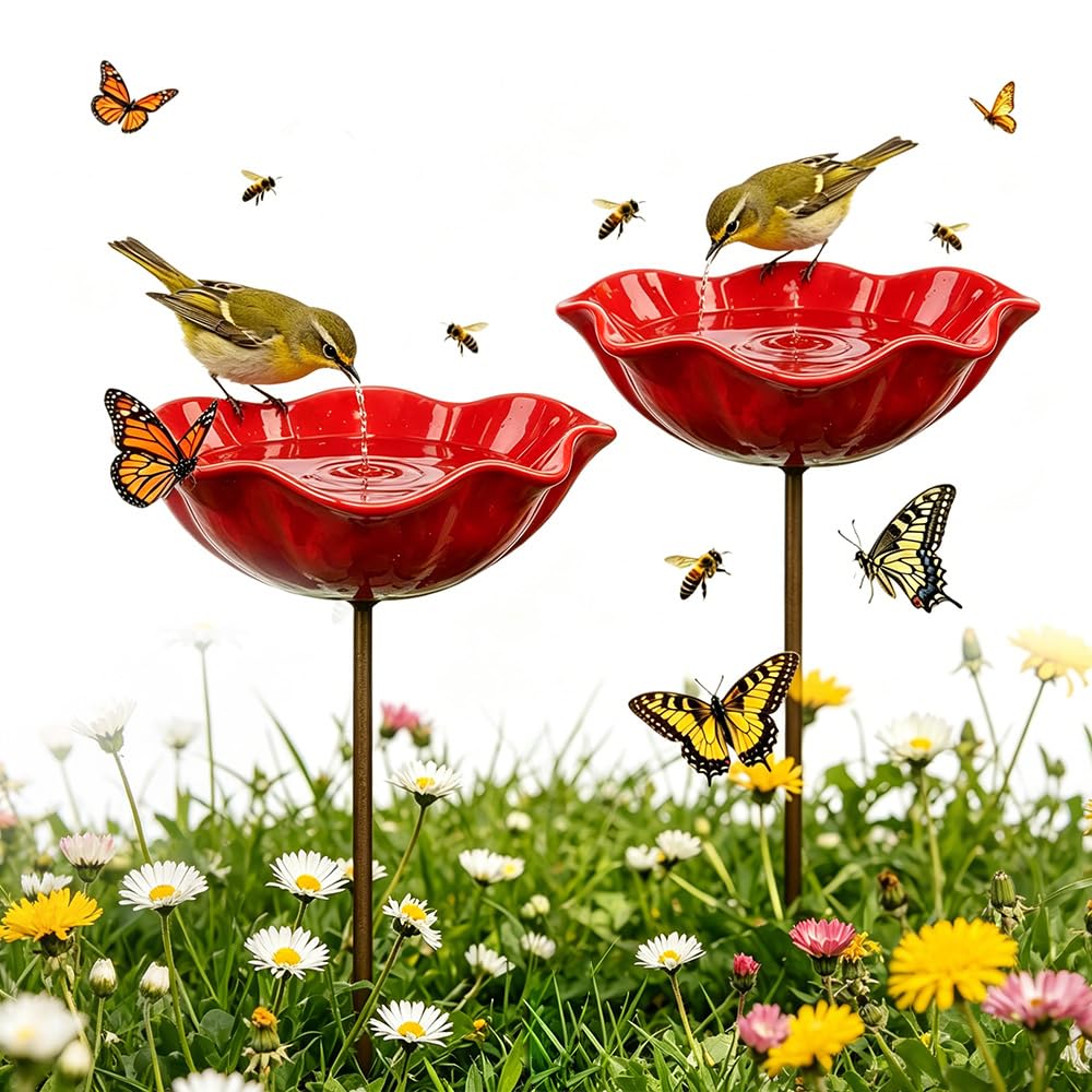 Bird Feeder Stand,Bird Tables for the Garden,Bird Feeding Station,Metal Bird Bath,Garden Decor,Vintage Freestanding Birdbaths & Supports for Outdoors Garden Patio Yard Lawn Decor (Red,2 Pcs)
