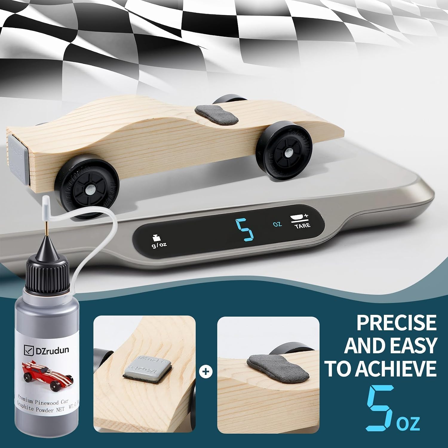 DZrudun Pinewood Car Weights Kit & Tungsten Putty-5oz Total(1oz Tungsten Weights Putty+4oz Derby Car Weights)+0.5oz Graphite Lubricant-Less Friction,No Drill All-in-One Derby Weights Kit for Max Speed