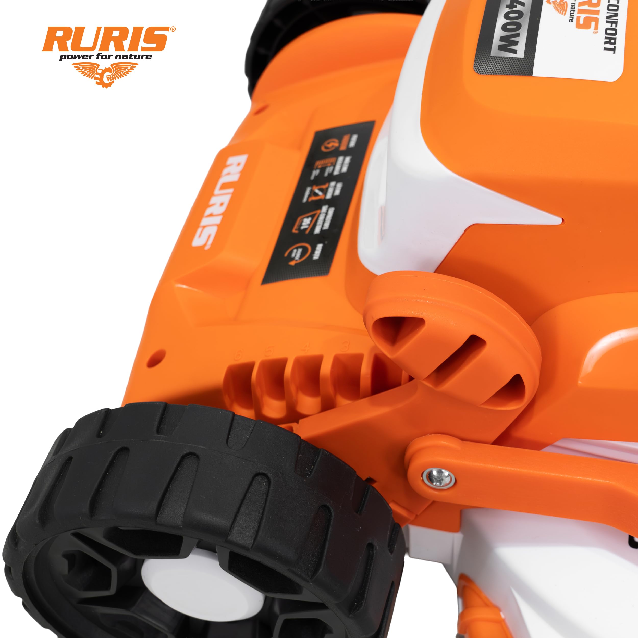 RURIS RXE1400 Comfort tosaerba elettrico 1400 W larghezza 340 mm 6 altezze 20-70 mm vassoio 35 L pettine taglio manico Comfort Pro regolabile 9 kg