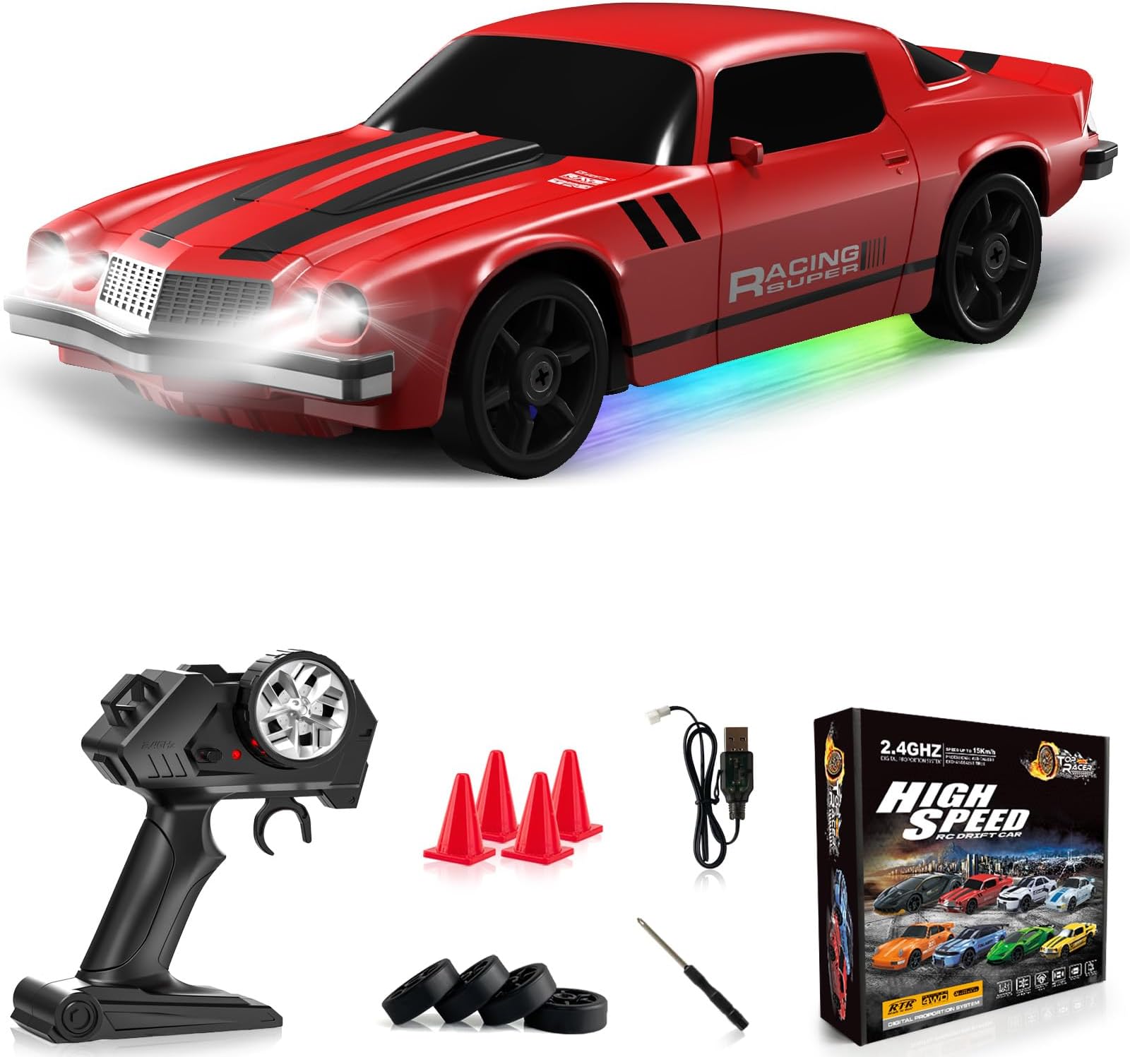 RC Drift Car 1:24 Remote Control Car 4WD 15KM/H High Speed Racing Sport Car with LED Lights RC Cars Toy for Kids Boys Girls Adults Gifts Birthday Christmas