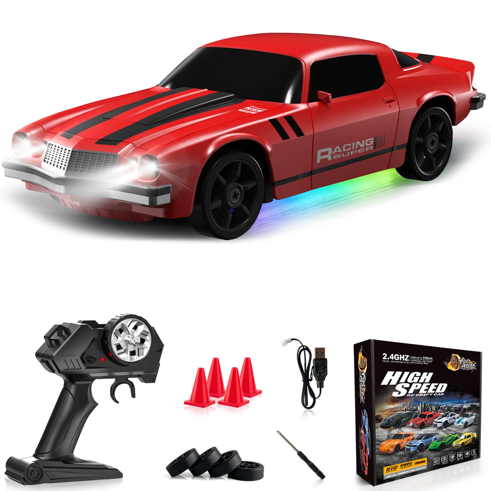 RC Drift Car 1:24 Remote Control Car 4WD 15KM/H High Speed Racing Sport Car with LED Lights RC Cars Toy for Kids Boys Girls Adults Gifts Birthday Christmas