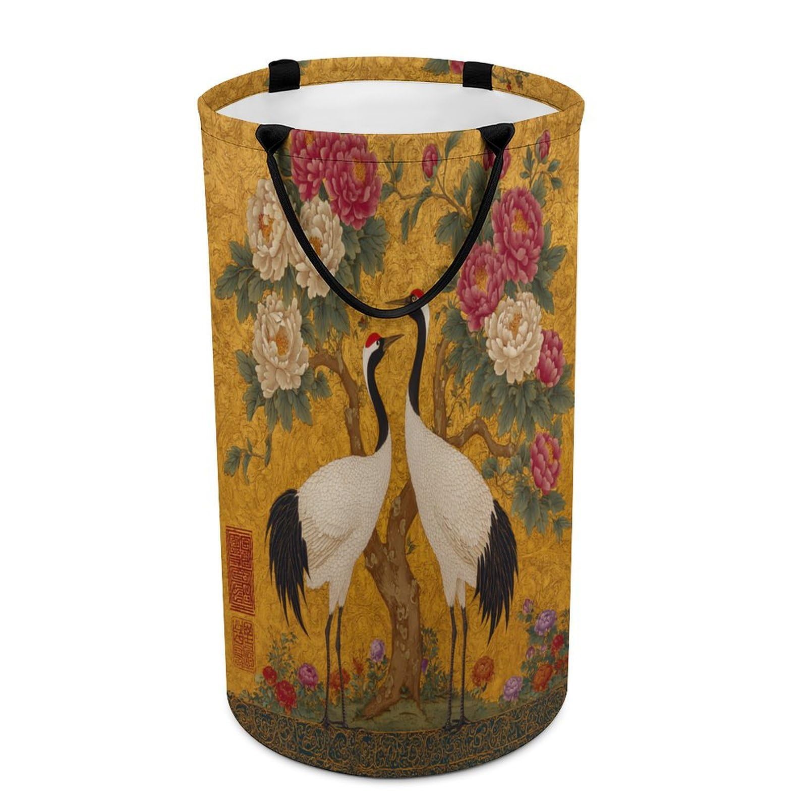 LUYYSKY Classic Beautiful Animals Crane Versatile Storage Laundry Basket, Vintage Japanese Plants Peony Flowers Animals Crane Pattern Large Capacity Bathroom Hamper With Handle