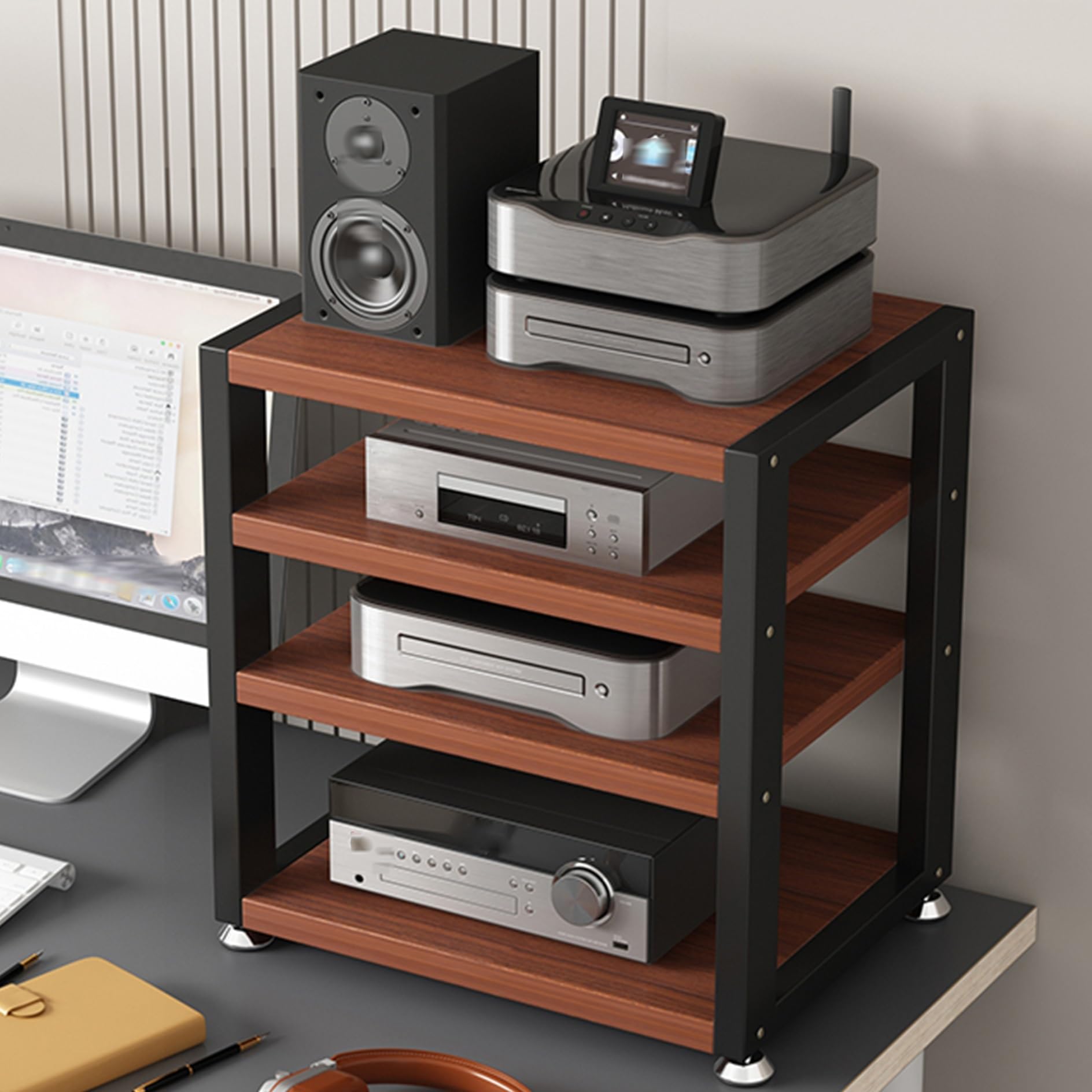Mueble Equipo Hifi,Soporte Altavoz de 3/4 Niveles,Mueble Tocadiscos,Soporte Multimedia de Madera y Metal,Estante de Audio,Mueble de TV,Estantes y Soportes de alta Fidelidad,para Hogar Familia(Black+Te