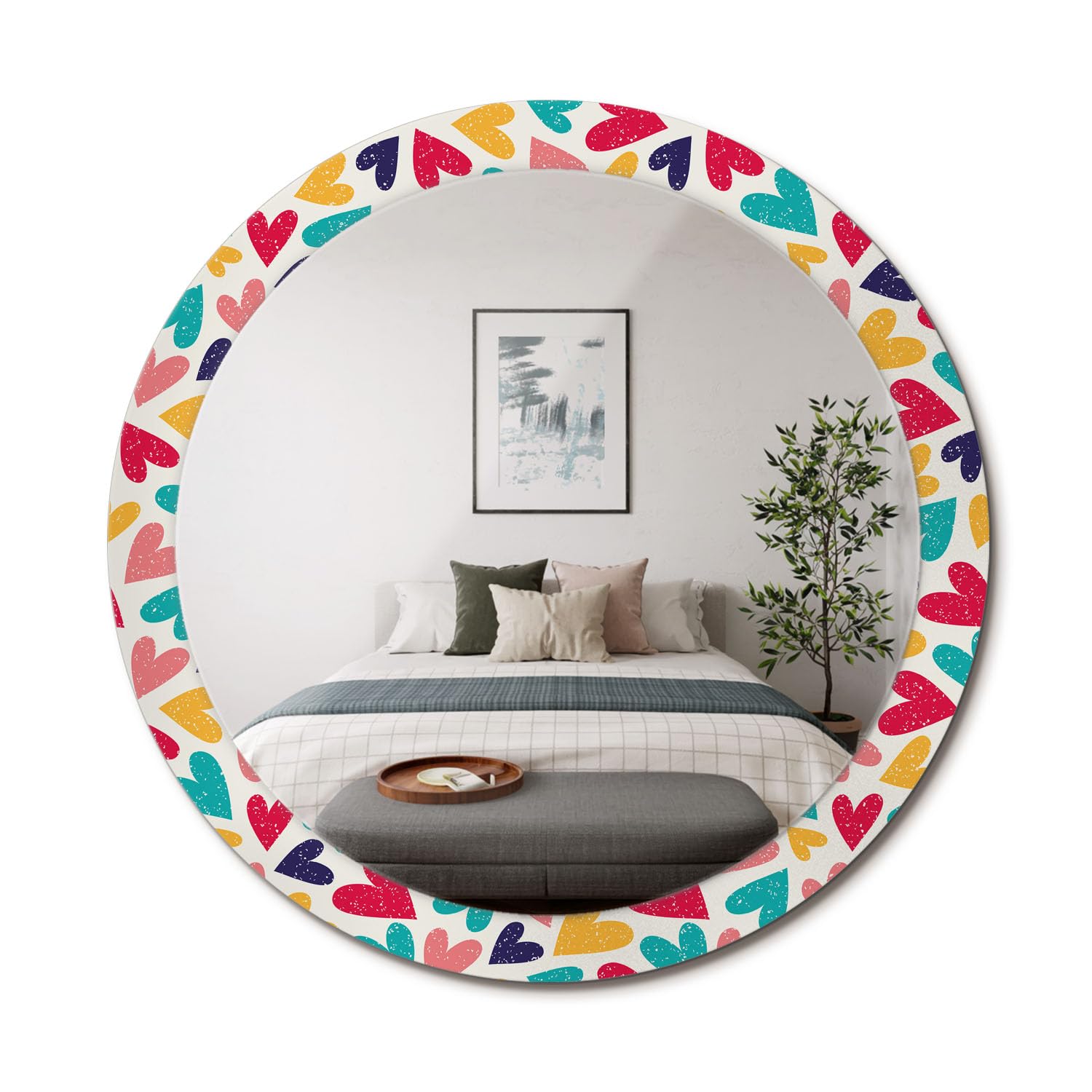 Miroir rond fi90 pour habiller un mur vide avec un cadre en verre à motif unique