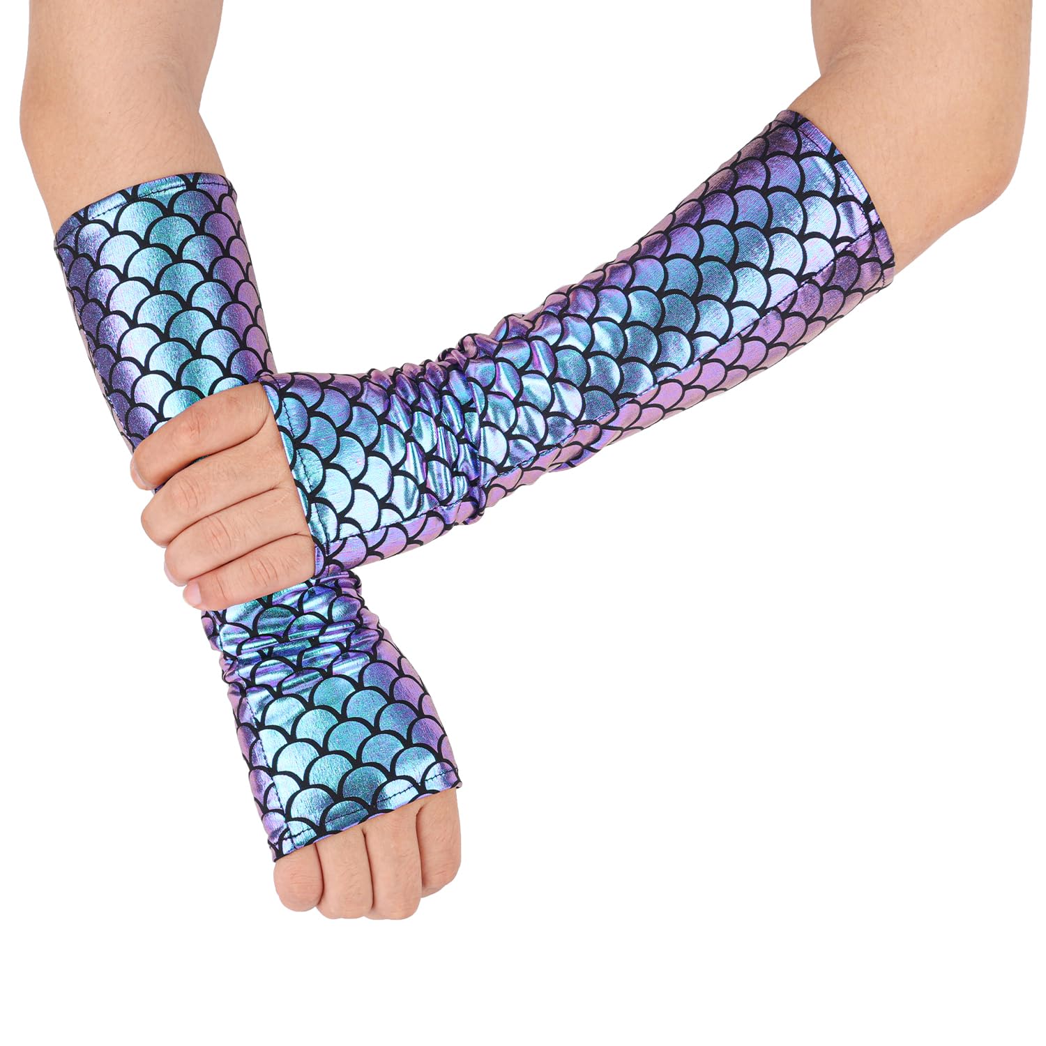 Yurosiay Zeemeermin-handschoenen voor dames, kleurrijk schubbenpatroon, vingerloze handschoenen, visschubben, bedrukt, armwarmers, vingerloos, cosplay, feesthandschoenen voor carnaval, party