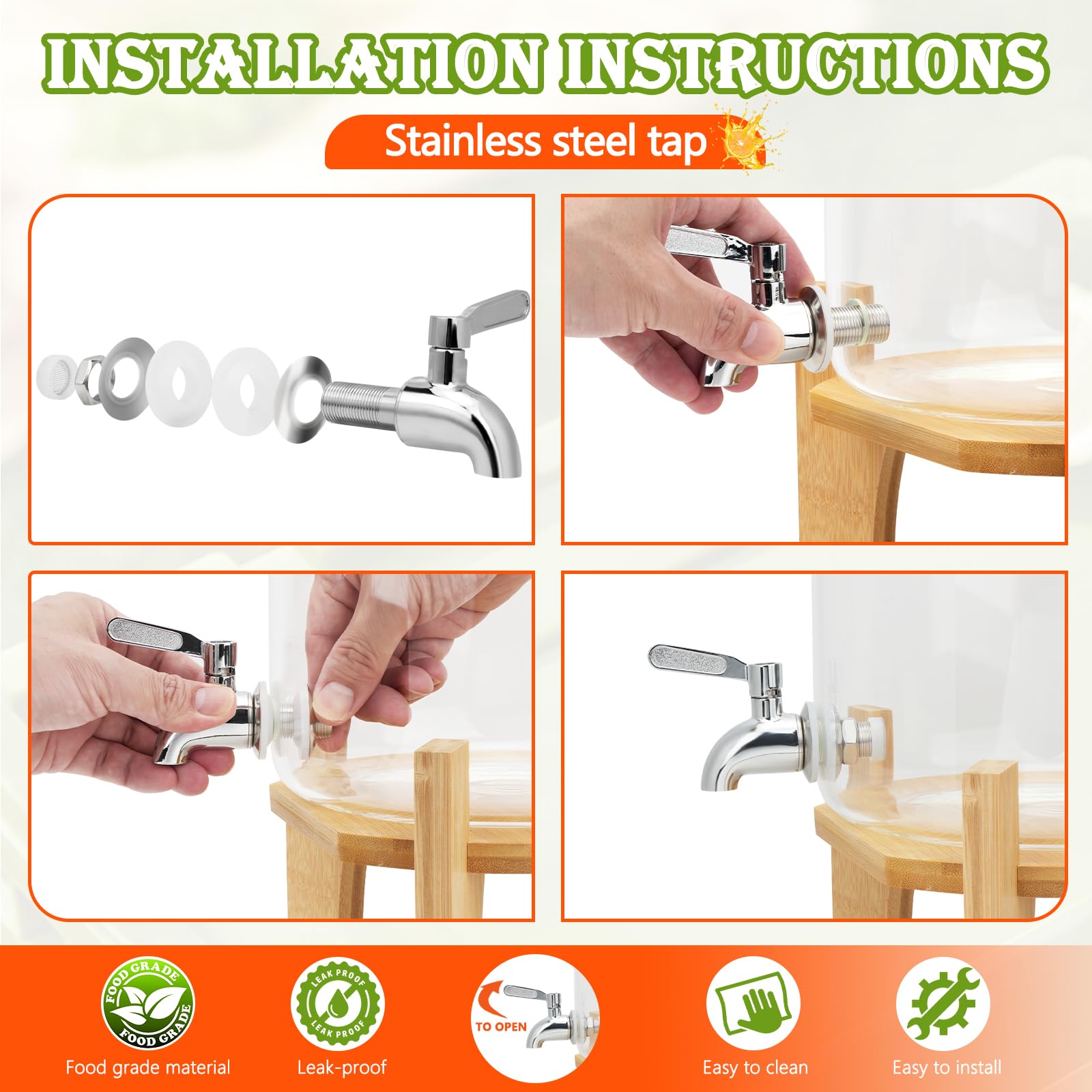 Juego de 2 dispensadores de bebidas de vidrio para fiestas, dispensadores de bebidas heladas de 1 galón con soporte, dispensador de jugo con infusor de frutas y espiga a prueba de fugas, ideal para