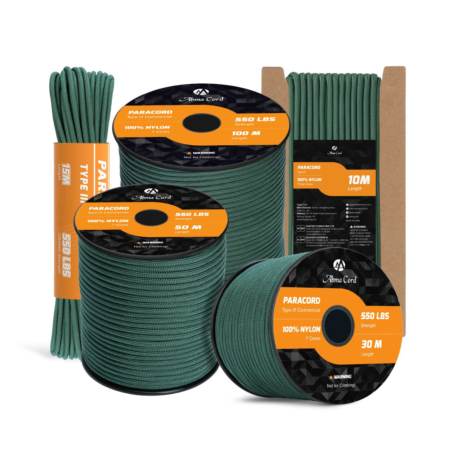 Abma Cord Paracord 550 4mm 10m 100% Nylon Rope Type III 7 Strands Parachute Cord for DIY, Camping, Survival, Outdoor - Max. 250kg - Dark Green