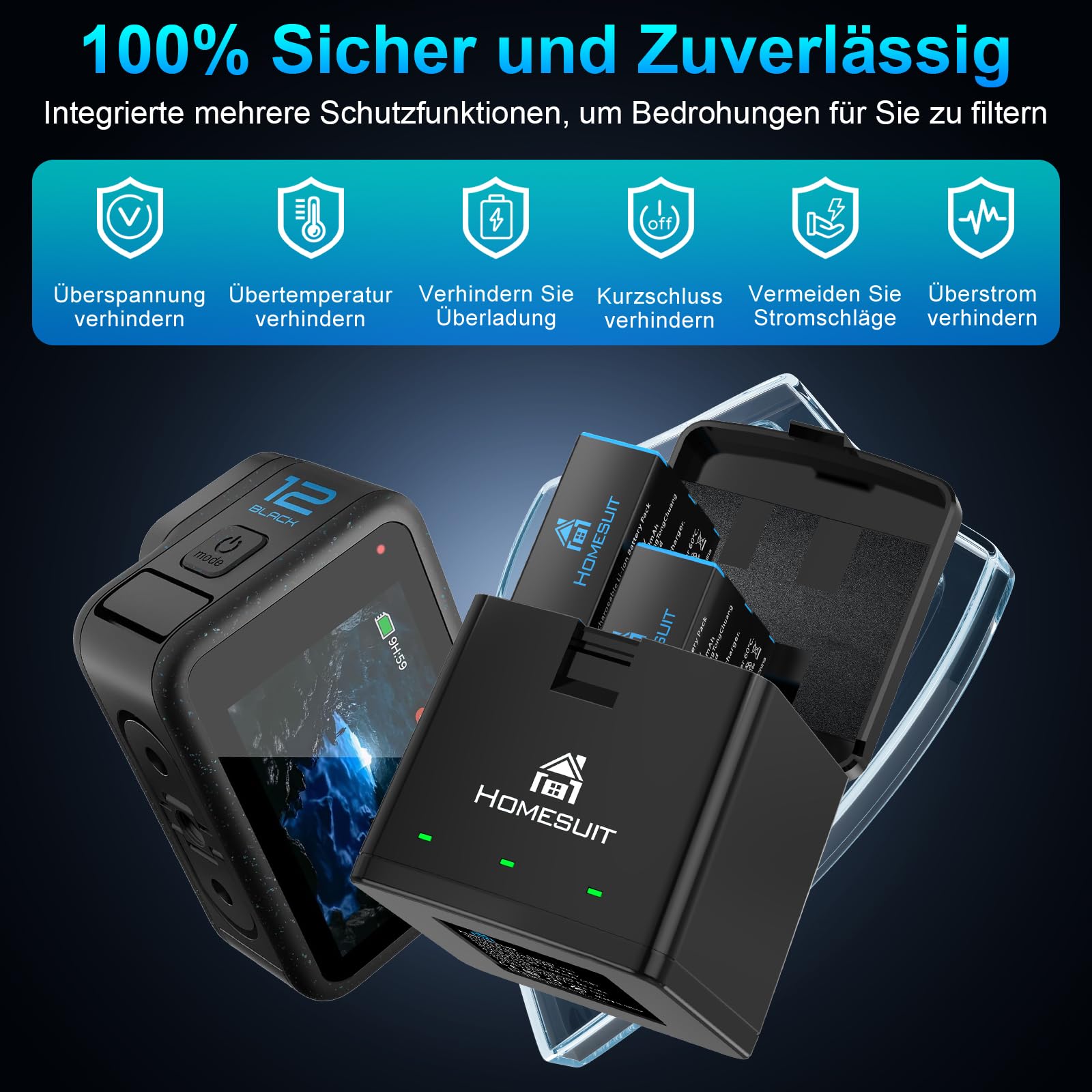 Homesuit Hero 12 11 10 9 akumulator 1800 mAh i 3-kanałowa ładowarka LED USB zestaw z typem C do GoproHero12Black, GoproHero11Black, GoproHero10Black, GoproHero9Black (2 sztuki)