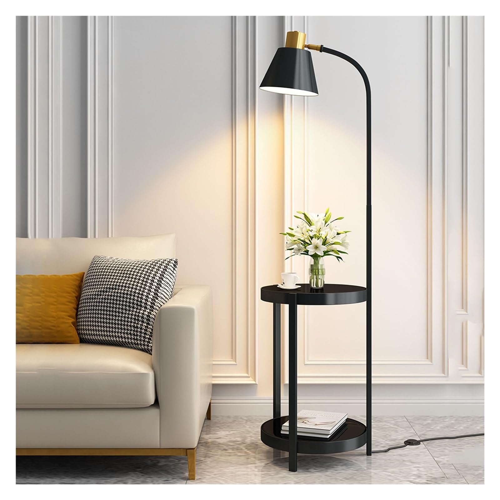 LJHFG63KUYT Standing Lamps Floor Lamp with Shelves, Mid Century Modern Standing Lamps, Rustic Side Table for Bedroom & Living Room Decorate(Black)