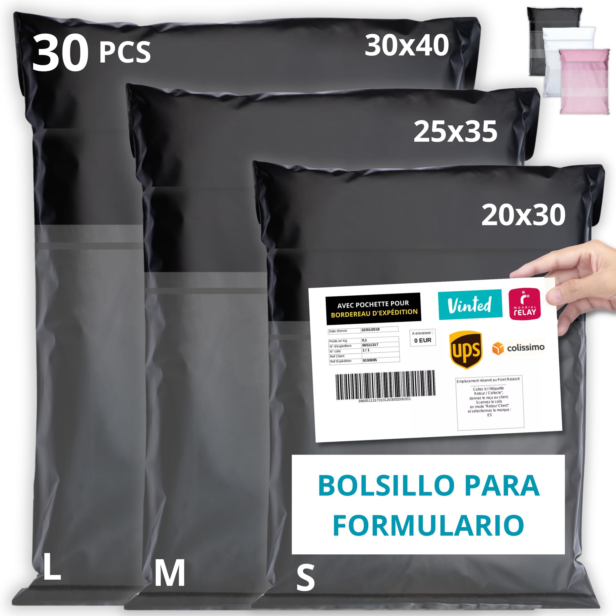 30 Bolsas para Envíos Vinted - Con Bolsa para ALBARÁN - 3 Tamaños S/M/L - 100% OPACO/ULTRA-RESISTENTE/IMPERMEABLE - Sobres Plastico - Bolsas de Envio Paquetes - Cajas Envios Paquetes