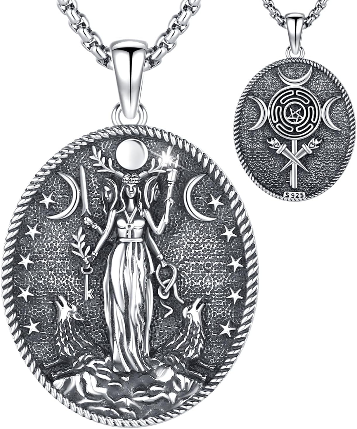 Hecate Wiccan Triple Moon Goddess Necklace Tetragrammaton Nudo De Bruja Plata 925 Original Sterling Silver Cat Moon Pendant Hekate Witch Necklace Amulet Witchy Jewelry Gifts for Women Men