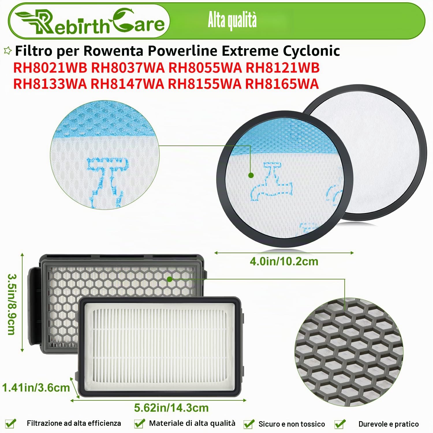 Rebirthcare ZR903601 Filtro Hepa per Aspirapolvere per Rowenta Powerline Extreme Cyclonic Ricambi Accessori per Scopa Elettrica RH8021WB RH8037WA RH8055WA RH8121WB RH8133WA RH8147WA RH8155WA RH8165WA