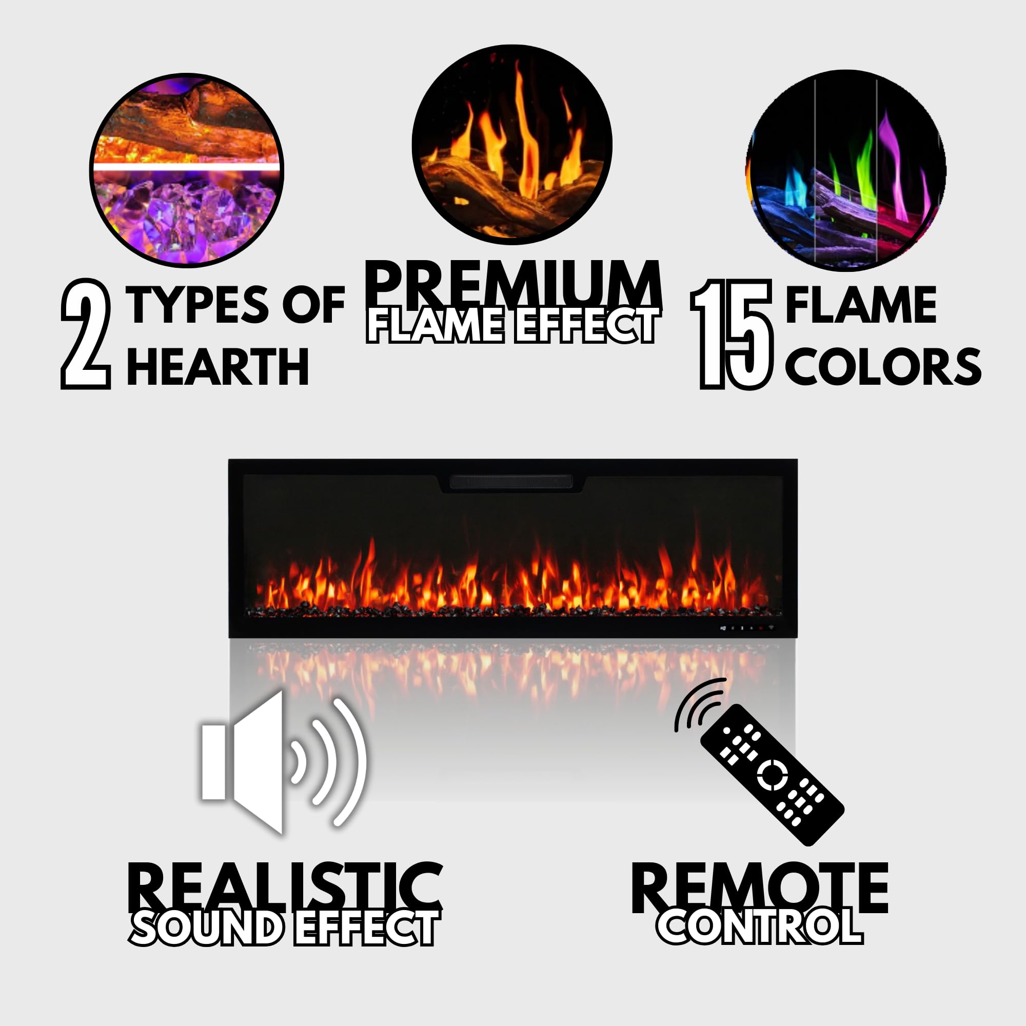 AFLAMO Chimenea Eléctrica LED Elite 153, Montaje en Pared, Efecto de Llama Multicolor, con Sonido y Calefacción (153x45x13)