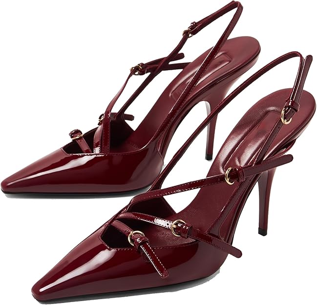 YIYA Women's Cherry Red Heels for Fall Slingback Closed Pointed Toe Stiletto High Heels Backless Slip-on Heeled Autumn Pumps Dress Shoes
