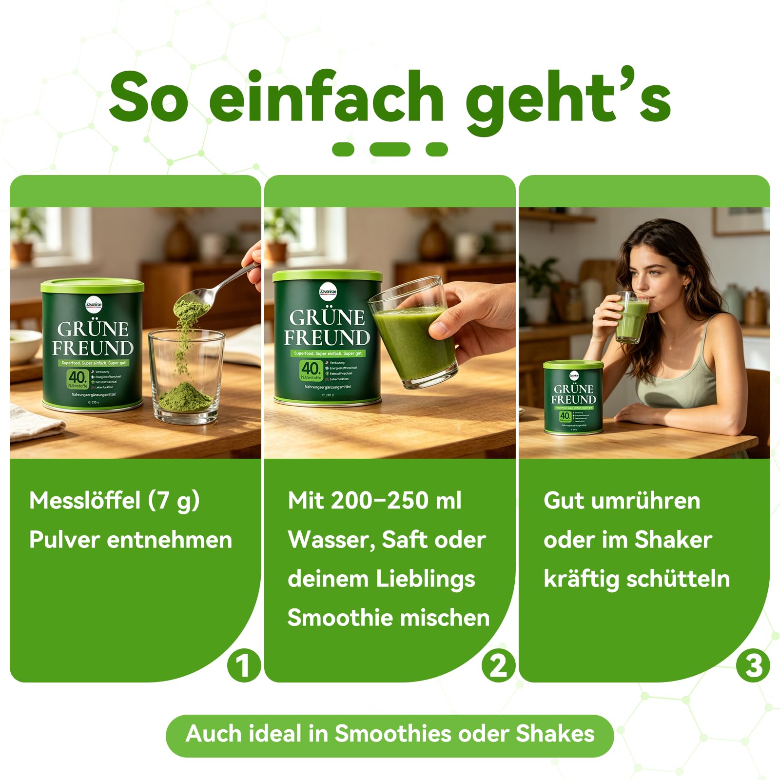 Grüne Entgiftungspulver, Grünes Superfood Helfer Pulver mit Löffel – 40+ Nährstoffe & Probiotika – Spirulina, Chlorella & Gerstengras – Veganes Greens Pulver für Smoothie & tägliche Routine – 210g