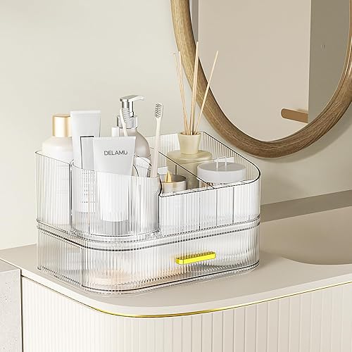 Miniatura 9 de Delamu Organizador de maquillaje para tocador con cajones apilables, soporte giratorio de 360 grados para brochas de maquillaje, estuche grande de