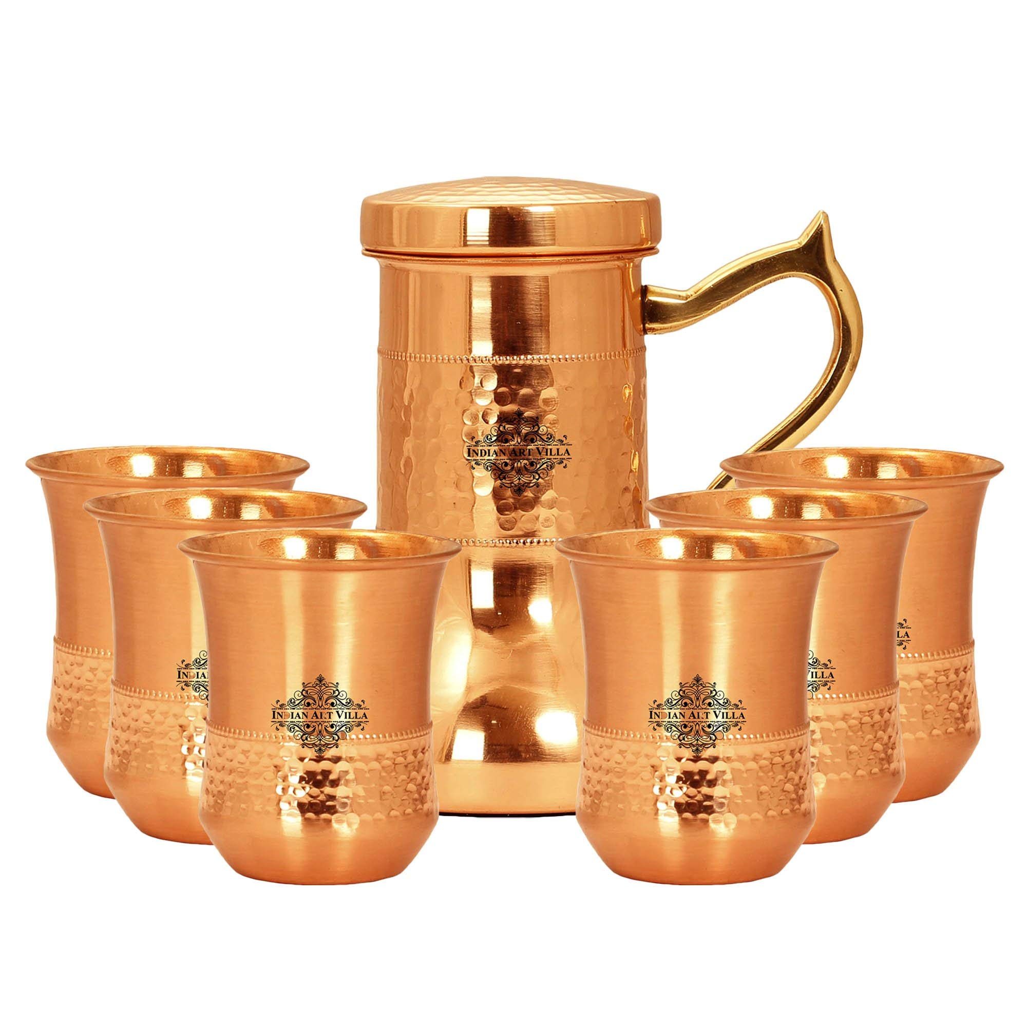 Indian Art Villa Copper Designer Hammered Smooth Bedroom Bottle with Handle and Set of 6 Copper Glasses Drinkware