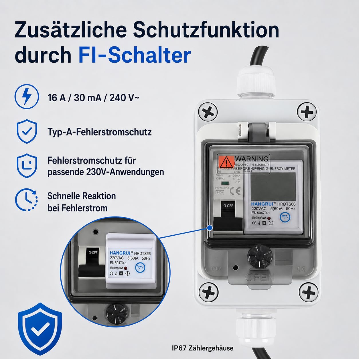Contador de electricidad móvil 230 V 16 A con interruptor de circuito FI | Indicador LED con función de memoria, botón de reinicio y 2 cables de 1,5 m