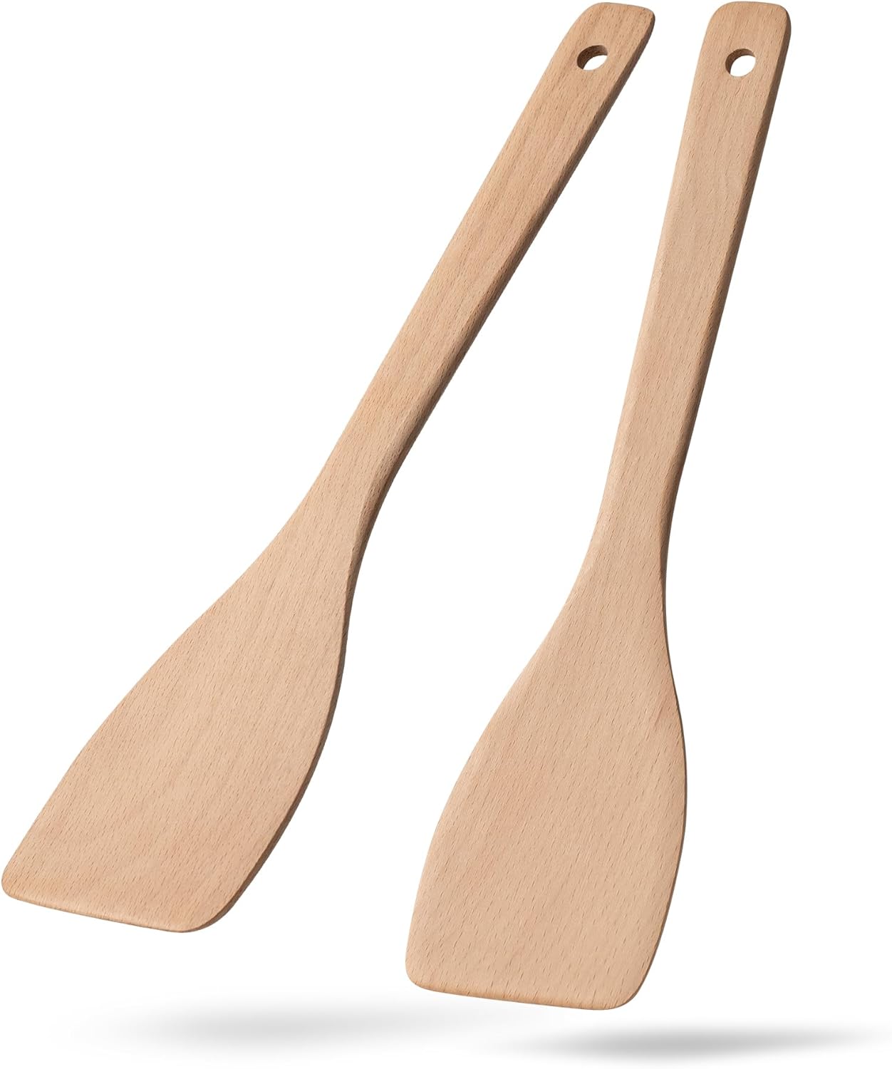 2PCS Wooden Spatulas for Cooking, 13inch Uncoated Beech Wood Turners for Frying, Non-Scratch Wood Flat Spurtle for Pan & Wok, Wooden Cooking Utensils for Non Stick Cookware, Long Handle Scraper