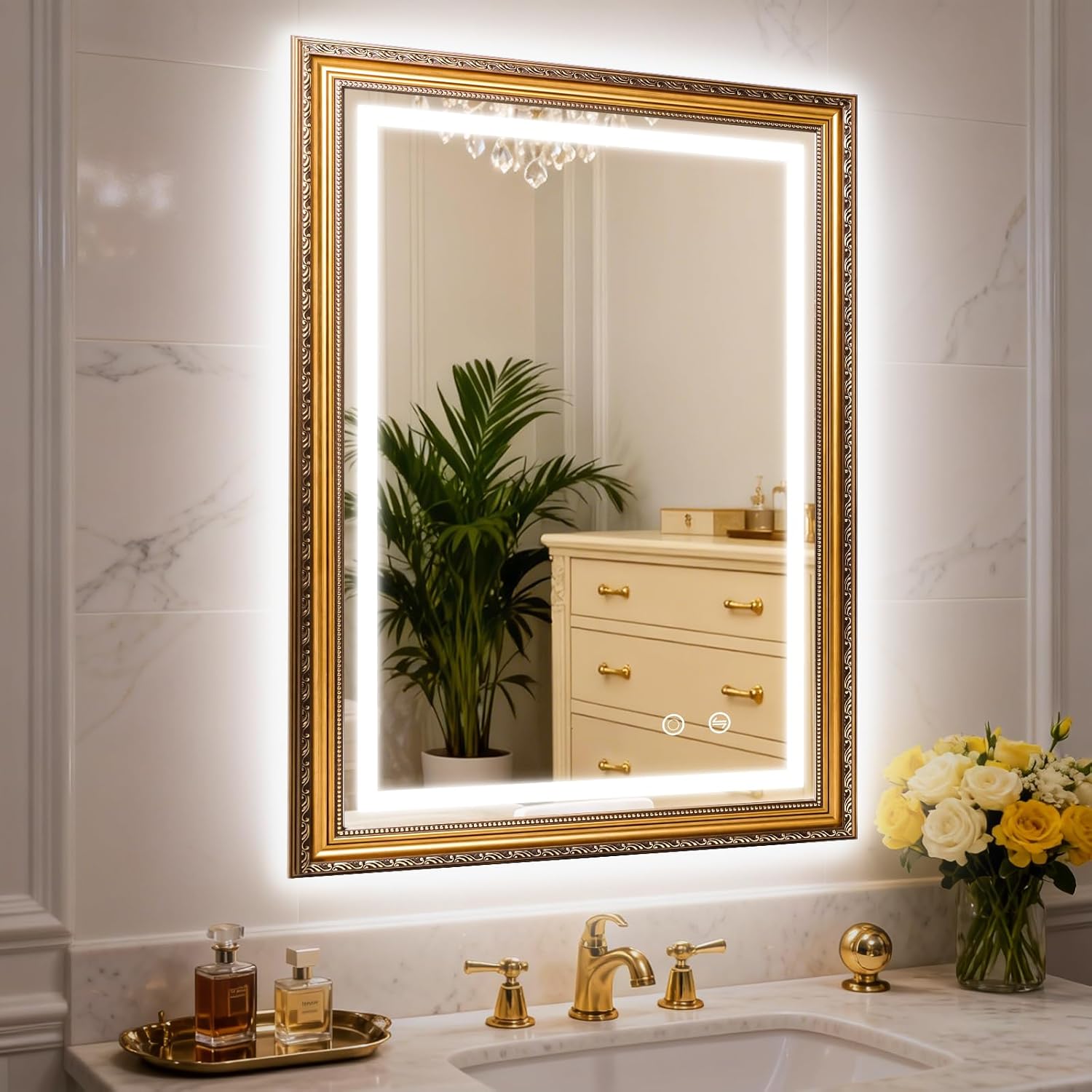 ROLOVE 23x35 Inch Gold Vintage Mirror, Mirrors for Wall Decor, Dimmable LED Lighted Vanity Mirror with Anti-Fog, Plug-in/Hardwired, Tempered Glass, Mirror for Bathroom, Fireplace & Entryway Gold 23"L x 35"W