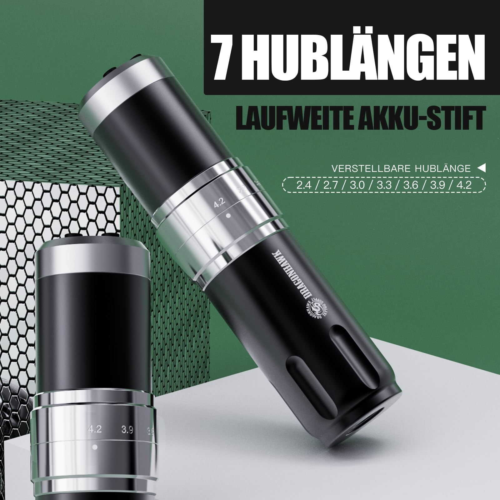 Dragonhawk Kabellose Tattoo Maschine Rotations Tätowiermaschine mit 2 Akkus 1500mAh, 7 Hubböden, Längeneinstellung 2.4-4.2mm & Digitaler LED-Anzeige für Anfänger Schwarz
