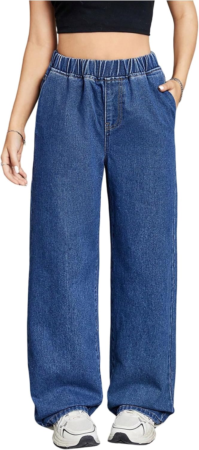 OYOANGLE Girl's Elastic Waist Straight Leg Jeans Loose Pull on Denim Pants with Pockets