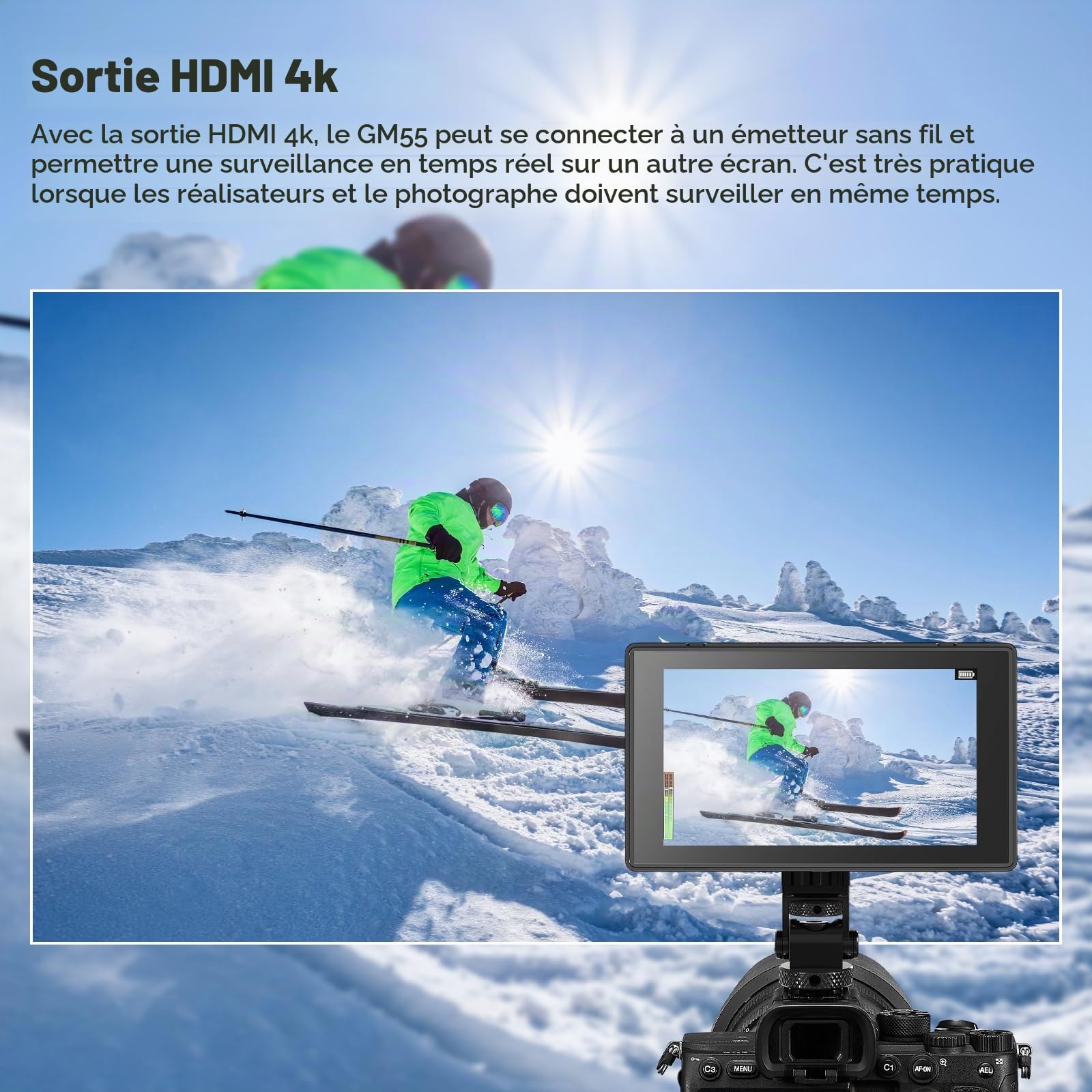 Godox GM55 5,5 Pouce 4k Externe Caméra Moniteur avec Batteria Écran Tactile 410nit DSLR Camera Field Monitor 1920x1080 IPS HDMI 3D LUT avec NP-F550 Batteria Pare-Soleil de Terrain pour Micro et DSLR