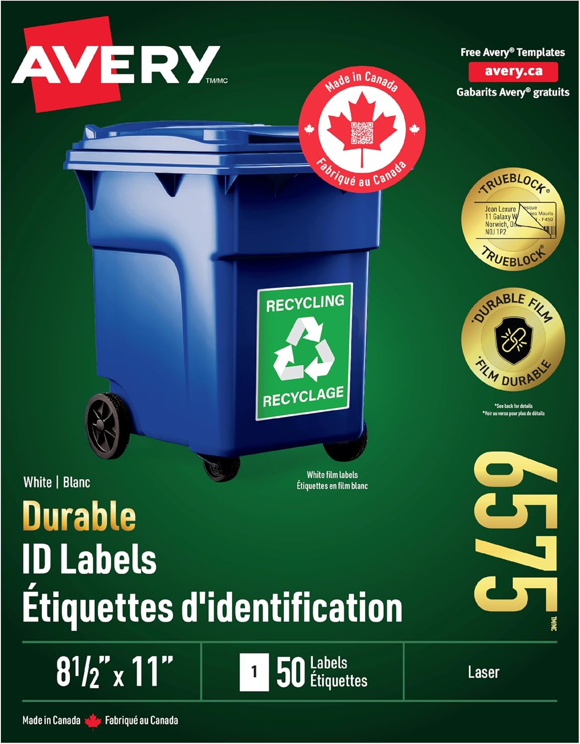 Avery Durable ID Labels with TrueBlock Technology for Laser Printers, White, Rectangle, 50 Labels, Permanent (6575), 8.5"x11"