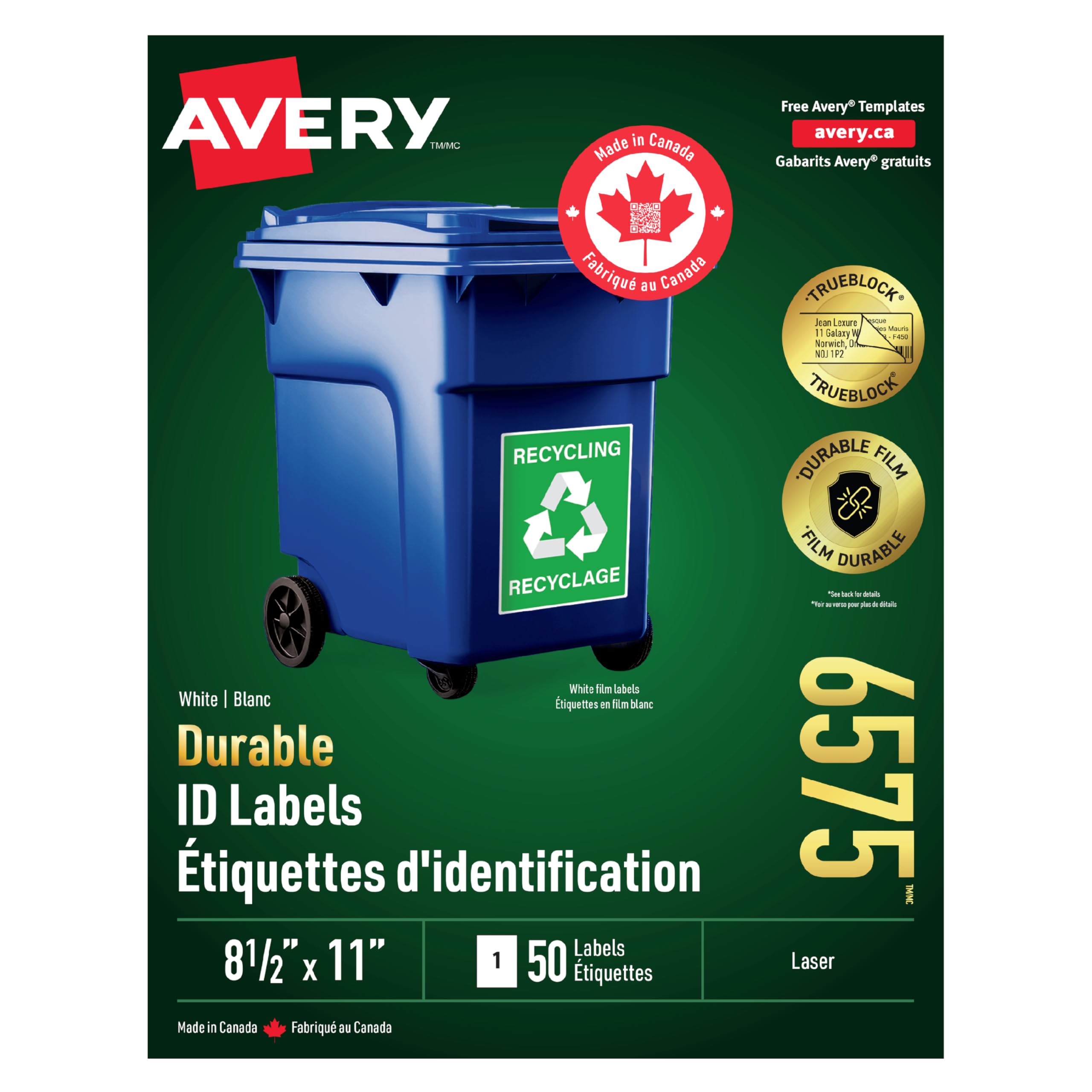 Avery Durable ID Labels with TrueBlock Technology for Laser Printers, White, Rectangle, 50 Labels, Permanent, 8.5" x 11" (6575), Made in Canada