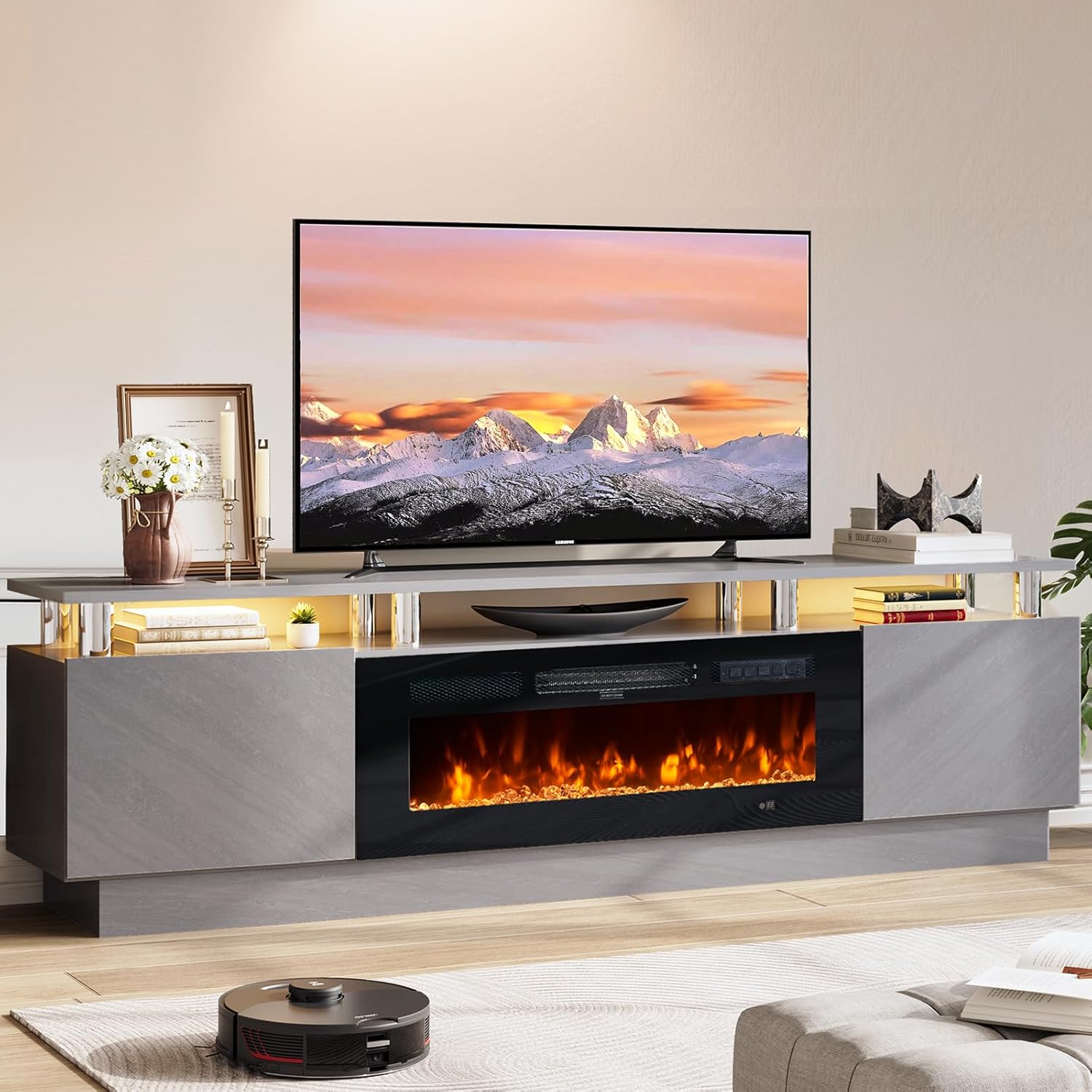 80" TV Stand & Entertainment Center, Media Console with Storage Cabinet, Fits TVs up to 90", Modern Living Room Furniture, 36" Electric Fireplace (Grey+Black)