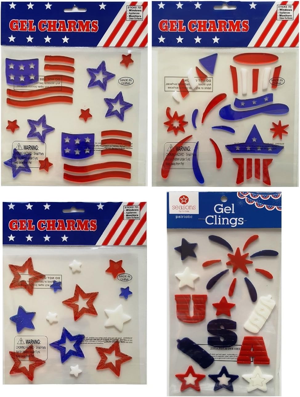 Patriotic Decorations Window Gel Clings Bundle of 4 Sheets- 75 Pieces including Red White and Blue Stars, American Flag, Firework, USA and more - Memorial Day and 4th of July Decor