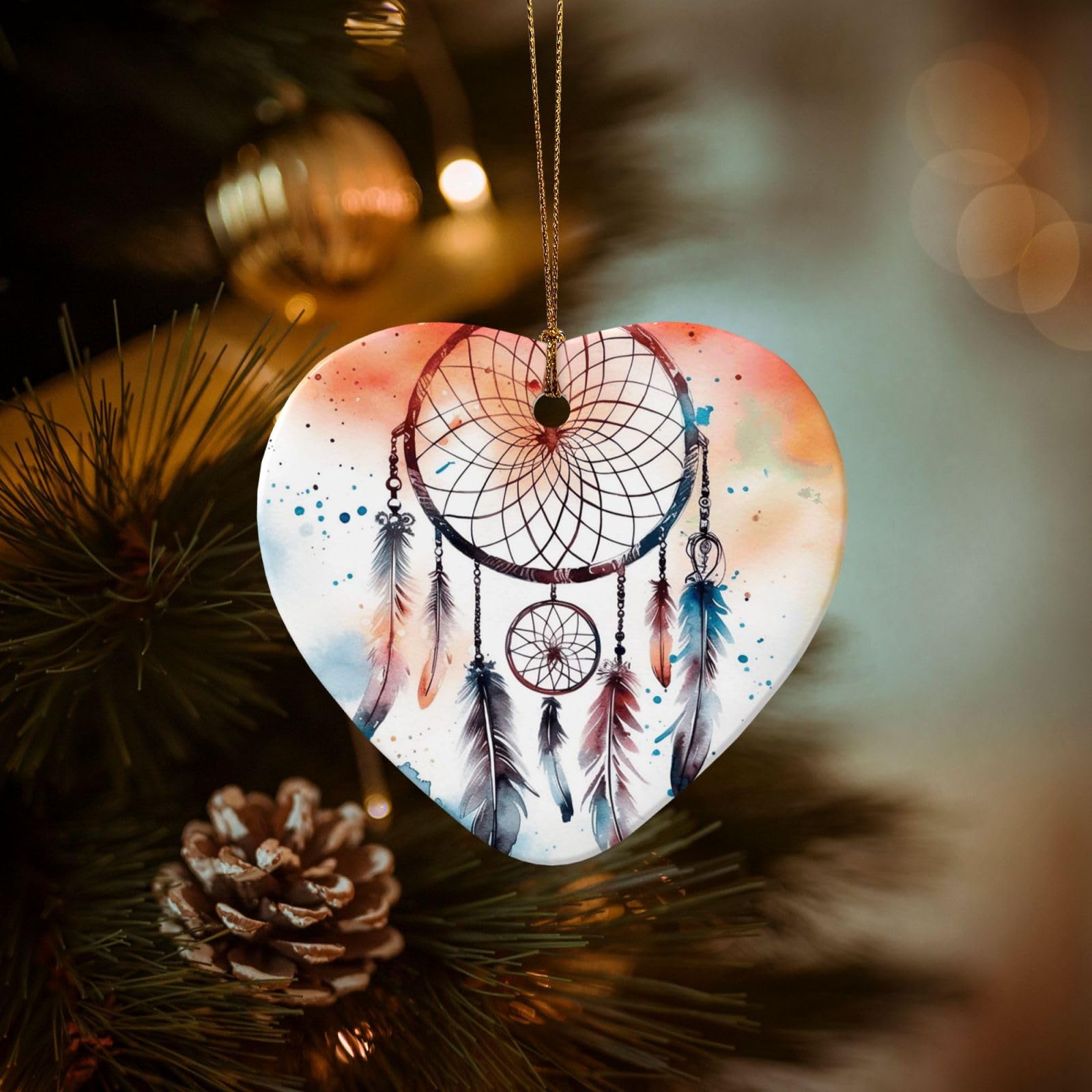 Christmas Tree Ornaments Ceramics Christmas Decorations Watercolor Dream Catcher Ornaments with Gold Ribbon Porcelain Xmas Tree Crafts Heart Shape Hanging Pendant for Christmas Tree Party Decor