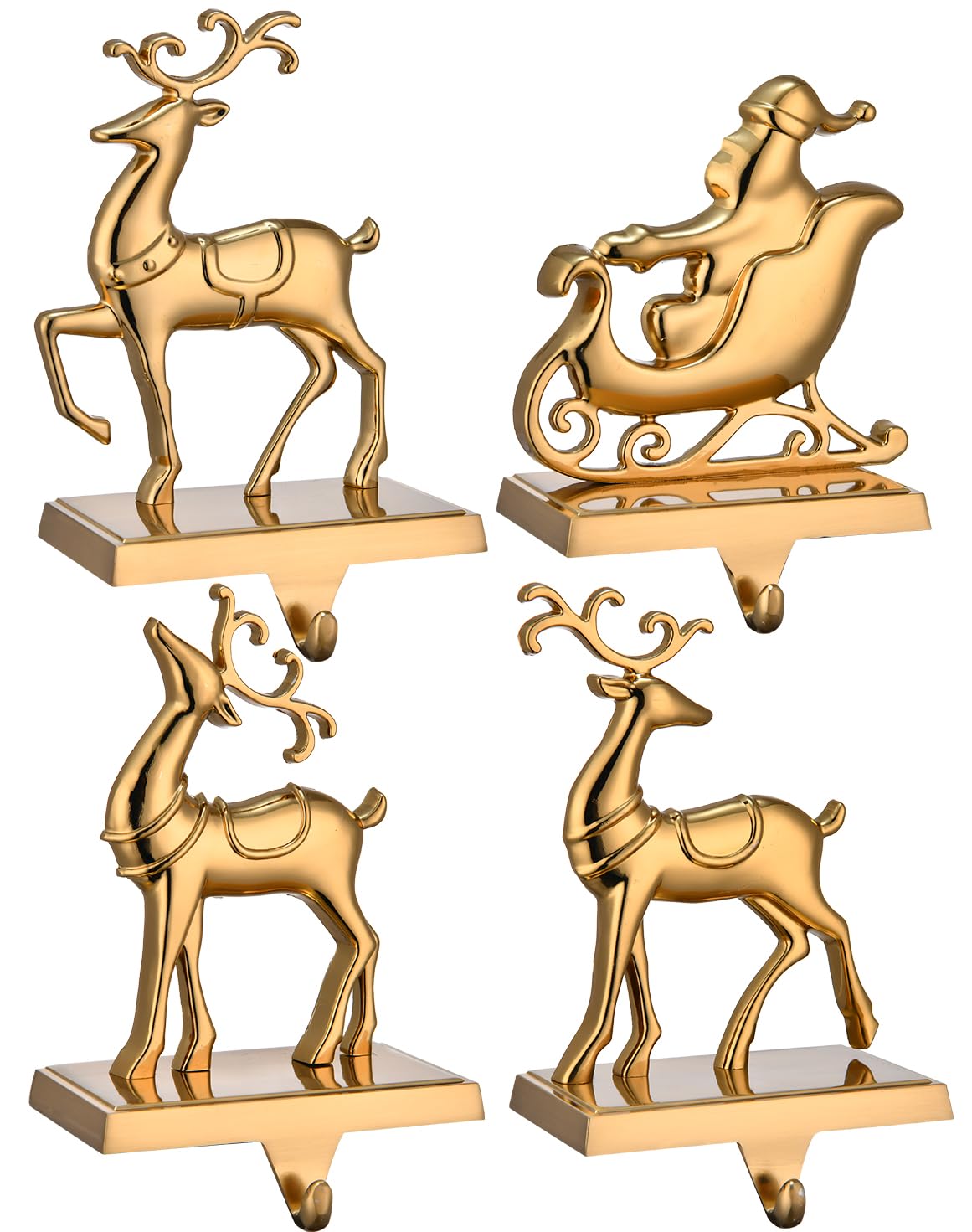 Reinddeer Christmas Stocking Hangers for Mantel Set of 4,Christmas Stocking Holders for Fireplace,Xmas Mantel Hooks Hanger for Christmas Stocking Ornament Hanging Clip Christmas Decor (Antique Gold)