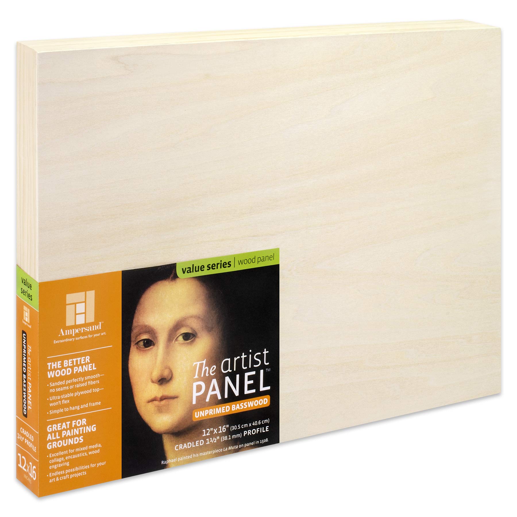Ampersand Art Supply Unprimed Basswood Artist Panel, 1-1/2" Cradled Profile, 12"x16"