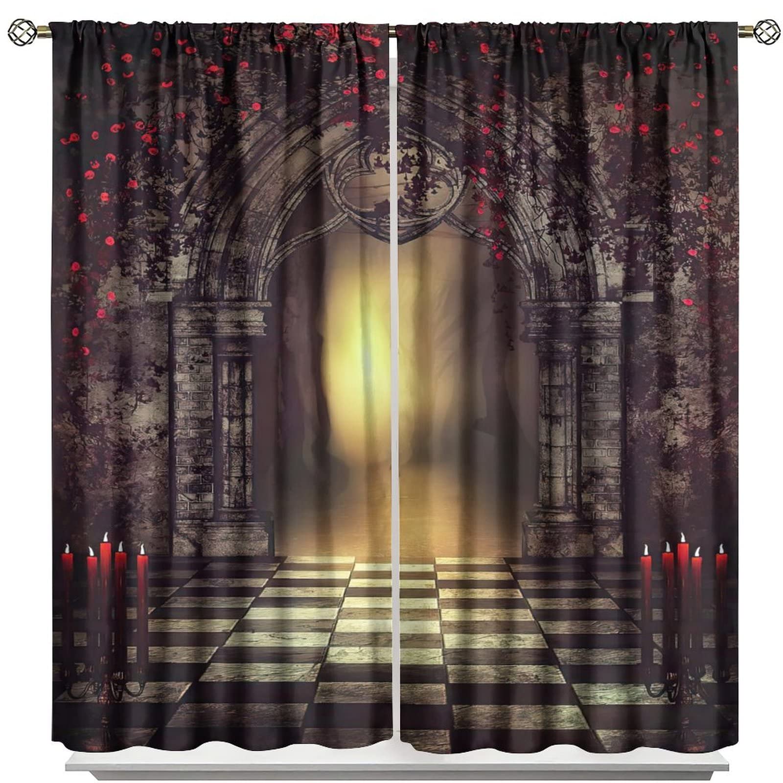 Gothic Blackout Curtains,Red Roses Medieval Castle Old Arch and Candles Thermal Insulated Drapes for Bedroom Living Room Window Curtains W84xL84in