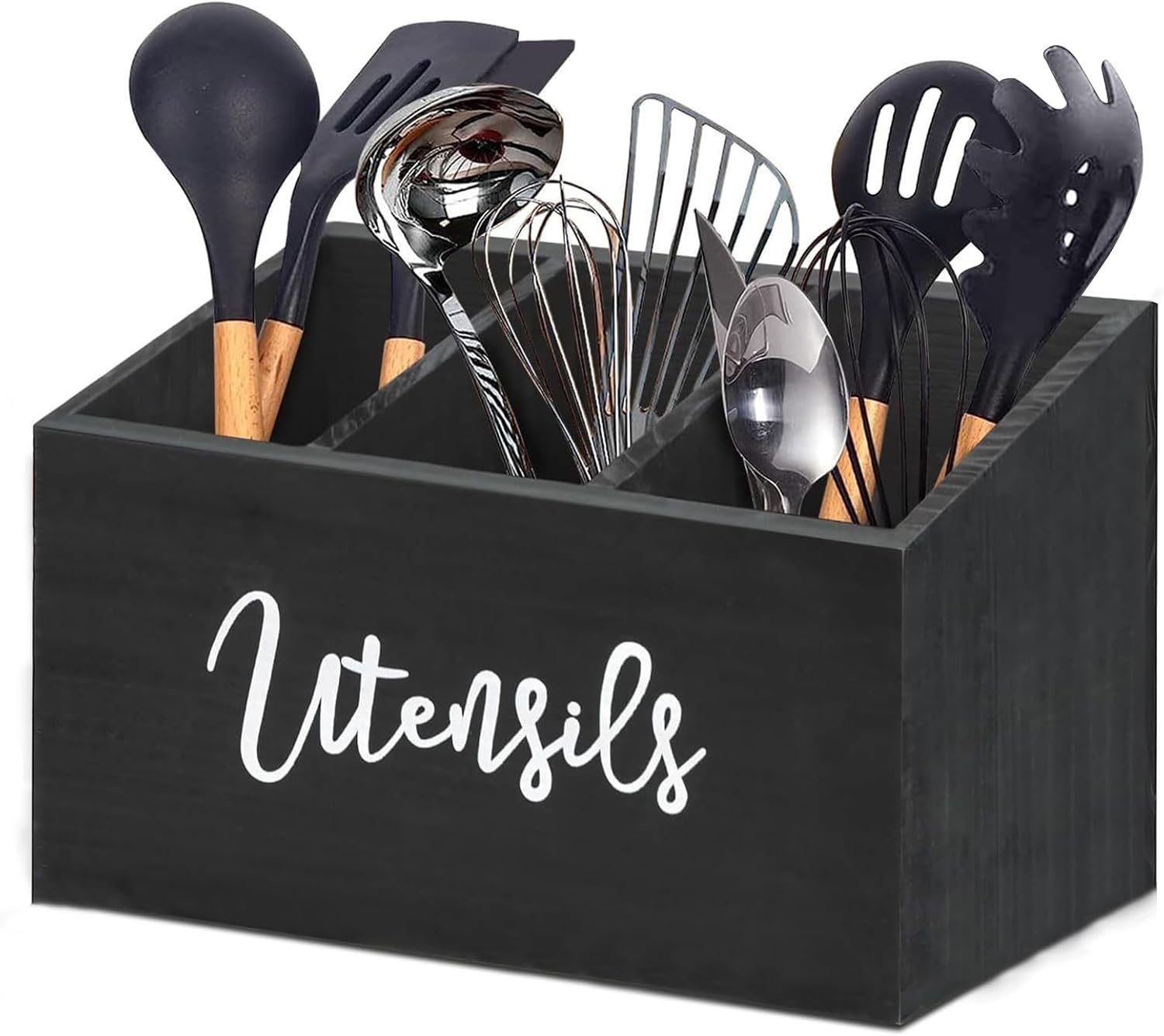 Wooden Utensil Holder, Kitchen Counter Decor Utensil Caddy with 3 Compartments, Kitchen Tools Holder for Spatula Utensil Crock Caddy. (3 compartments)