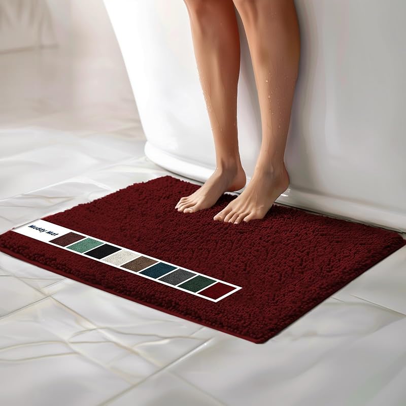 Alfombra Muddy® | Alfombras de baño de chenilla, alfombrillas de microfibra de secado rápido, antideslizantes, lavables, extra gruesas, suaves y altamente absorbentes, para baño, cocina y piso de ducha, color rojo 24 x 35 pulgadas