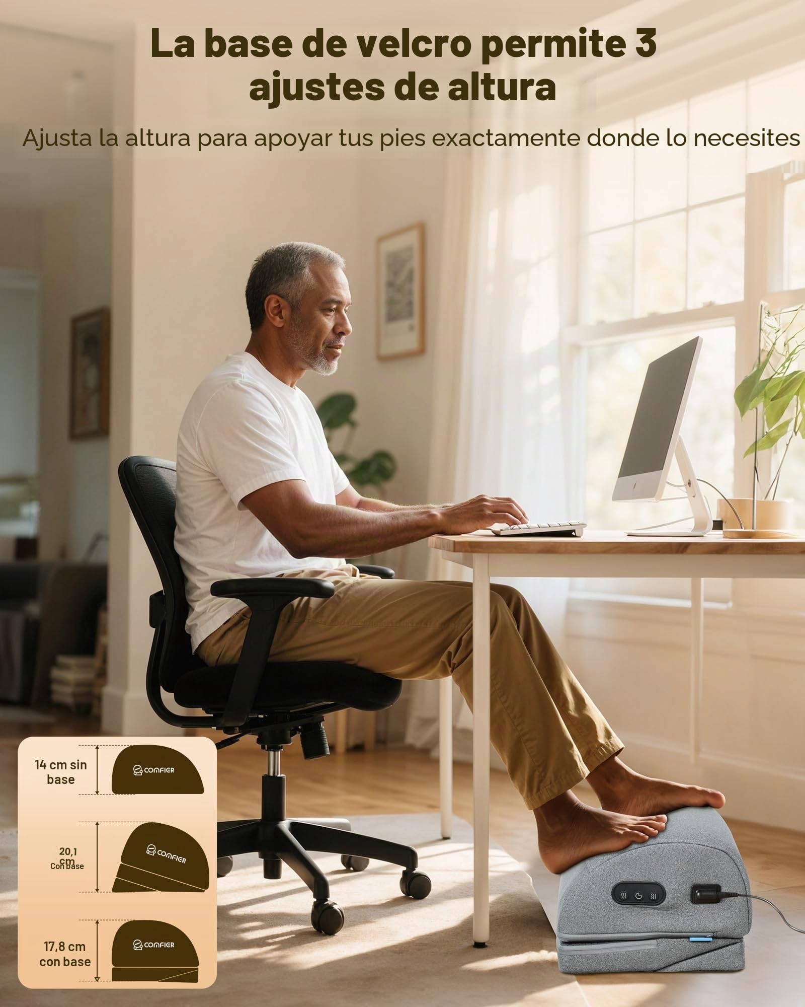 COMFIER Escritorio con Reposapiés con Calefacción y Vibración, Masajeador de Pies Ajustable en 3 Alturas, Función Ergonómica de Calor y Masaje para Oficina, Silla Gaming y Oficina en Casa