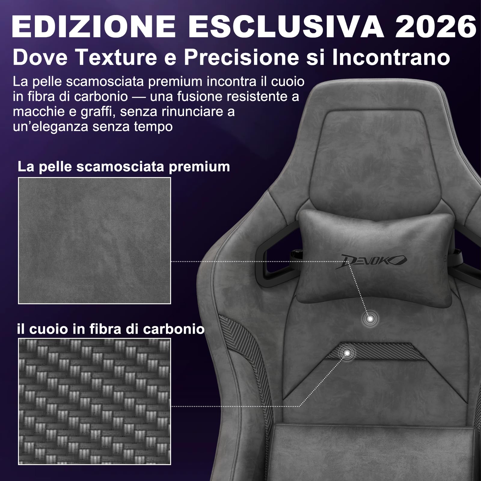 Devoko Sedia da Gaming Ergonomica in Pelle Scamosciata, Poltrona da Ufficio Gamer Reclinabile 90°-135°, Braccioli 3D Regolabili, Base in Metallo, Ruote Silenziose, Portata 180kg, Grigio Antracite