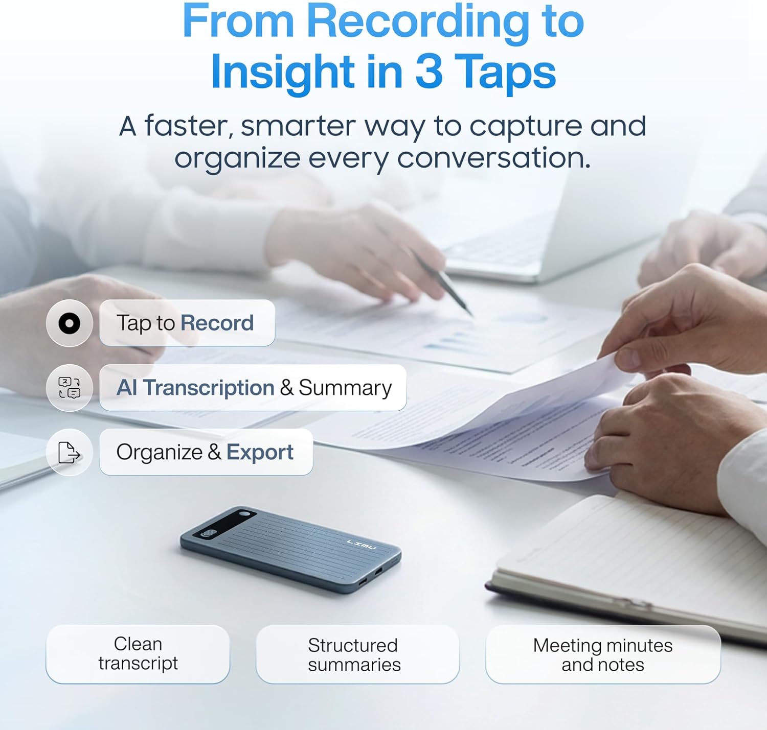 LIMU AI Voice Recorder, German Design AI Note Taking Device with GPT-5.5, Wireless Charging Audio Recorder, Transcribe, Summarize, MindMap, 125 Language, AI Assistant for Meetings, Calls, Lectures
