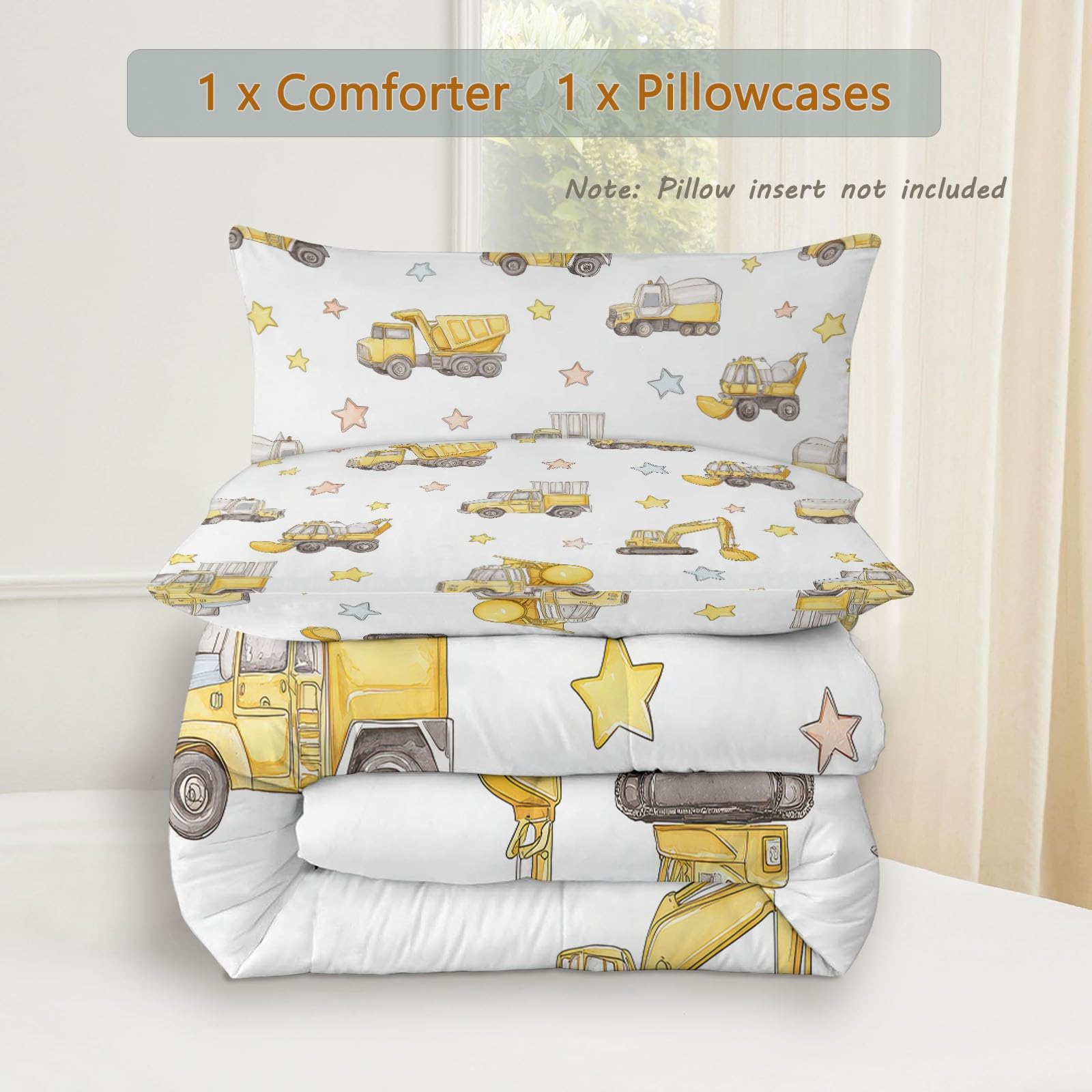 Colcha 200 x 200 cm Cubrecama Ligera Fina Entretiempo Extra Suave Camión Construcción & Estrellas Transpirable de Cama de Colchas Acolchadas de Microfibra Colcha a con NiñosAmarillo