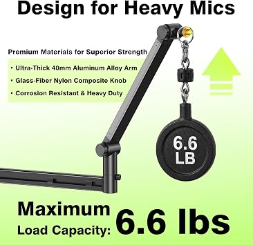 AA AUDIO ACCESSORY Mic Arm Desk Mount (Design for Heavy Mic) 6.6lbs Load Capacity, Stable Gear Lock Never Sags, Metal Low Profile Microphone Boom Stand for Shure SM7B SM7dB MV7, Blue Yeti, Rode PodMic