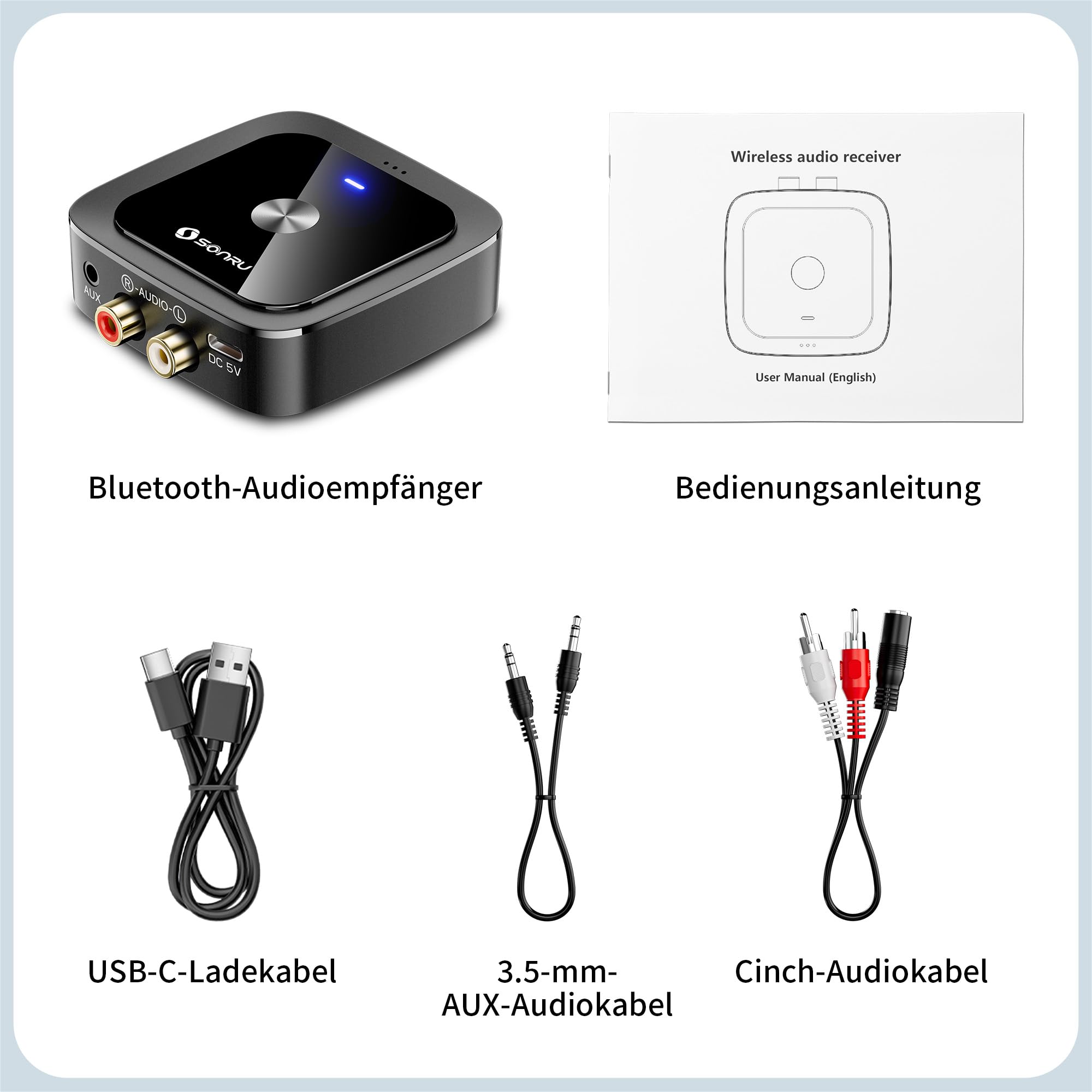 SONRU Bluetooth 6.0 Adapter Empfänger Klinke, Aux Bluetooth Receiver Audio Adapter Stereo mit 3 5mm Klinke und RCA Kabel für Stereoanlage Lautsprecher, Autoradio, Verstärker
