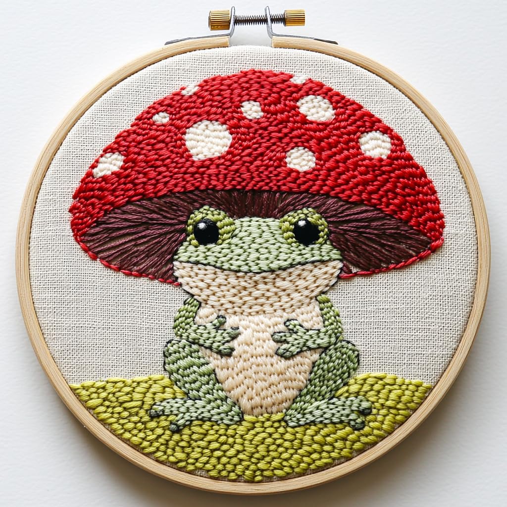 Punch Needle Kit for Beginners, Punch Stitching Kit for Adults, Needle Punch Kits for Adults, Mushrooms and Frogs Embroidery Set for DIY Art Crafts