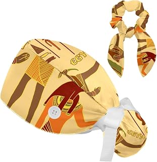 FVQL 2 Pieces Surgical Cap for Long Hair Scrub Cap with Hairband Nurse Cap, Ancient Egyptian Cartoon