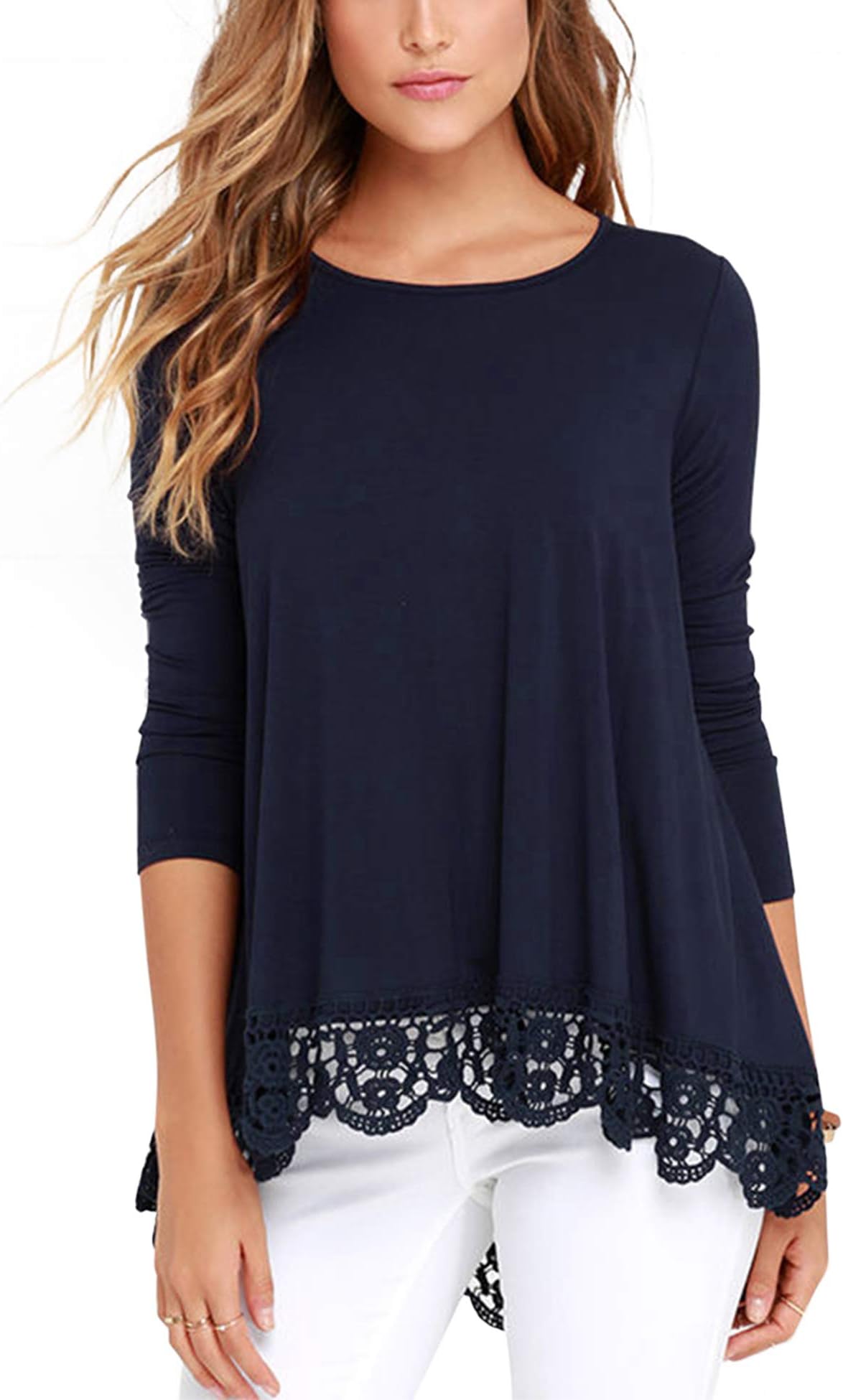 RAGEMALL Women's Tops Long Sleeve Lace Trim O-Neck A-Line Tunic Blouse Tops for Women