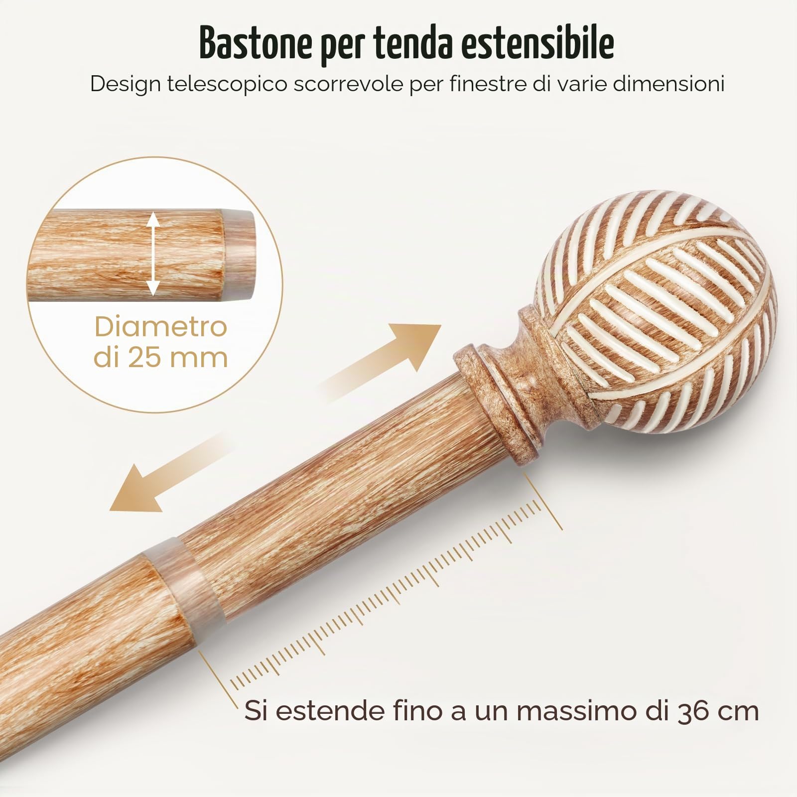 Bastone per tenda effetto legno, estensibile 76-219 cm – 25 mm, anima in metallo con venature del legno imitazione, compatibile con occhielli, asta estensibile per finestre/porte, marrone