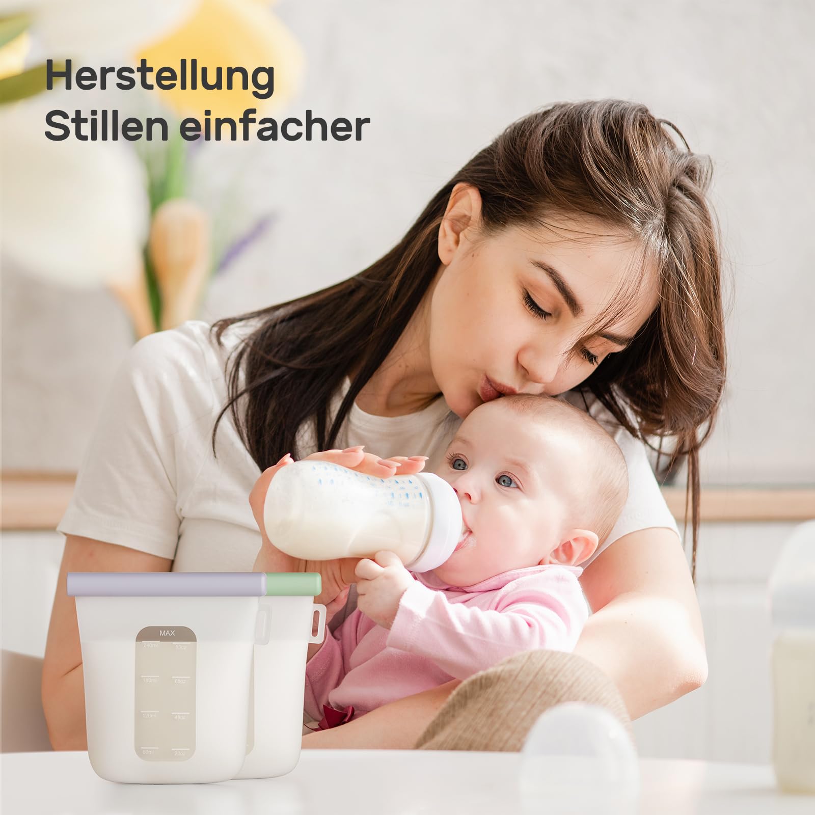 Nuliie 7 Stück Wiederverwendbare Muttermilchbeutel, 8oz/240ml Auslaufsichere Muttermilch Aufbewahrung, Gefrierschrank Lebensmittelqualität Silikon-Milchbeutel für das Stillen, BPA Frei, Selbststehend