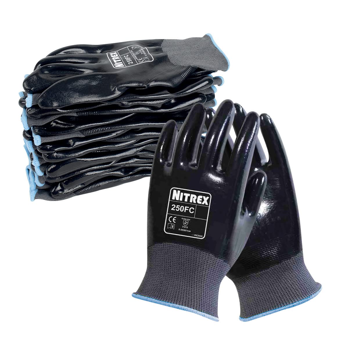 Nitrex 250FC Work Gloves - General Handling Safety Gloves - Resistant to Abrasions, Cuts, Tears, and Punctures - Full Nitrile Coating for Mechanical and Industrial Protection - 10 Pairs - Size 11