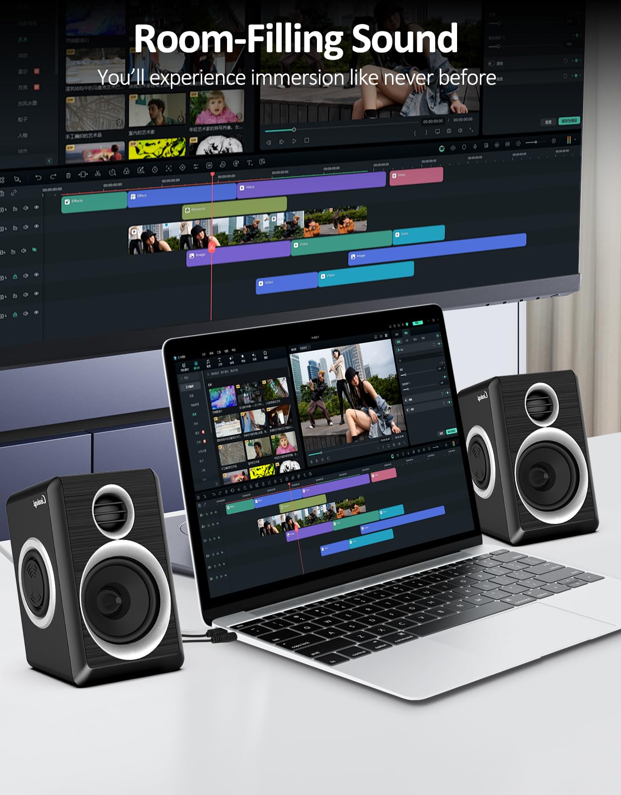 Haut Parleur PC, Enceinte PC 2.0 pour PC ou Ordinateur Portable, entrée AUX 3,5 mm, Haut-parleurs alimentés par USB avec Basses Profondes, Baffle PC adaptés aux Ordinateurs de Bureau (Noir)